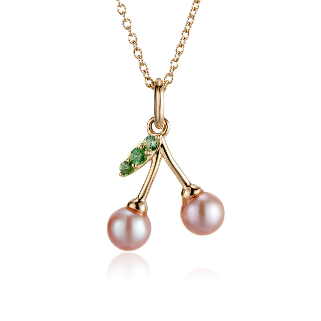 Elegant Pink Pearl & Tsavorite Cherry Pendant Necklace | Dainty Gold Jewelry for Women | Perfect Gift for Valentine's Day & Anniversary