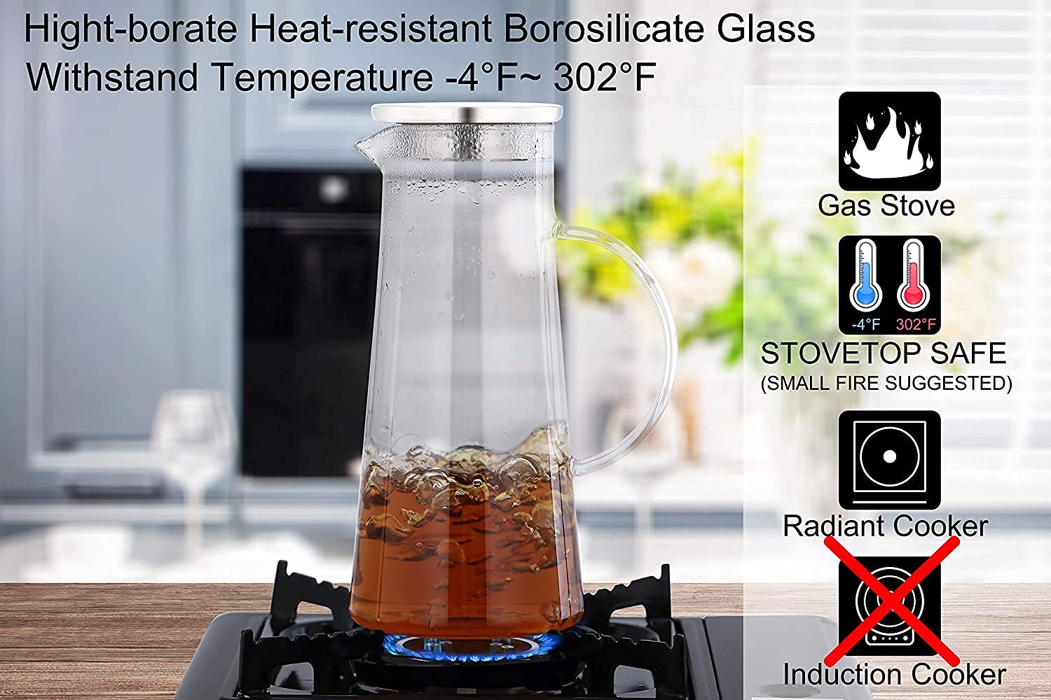 1.5 Liter (50 Oz) Glass Water Pitcher with Lid & Handle - Heat Resistant Carafe for Tea, Juice, Milk - Perfect for Iced Tea, Lemonade, Cold Brew & Hot Beverages - Kitchen & Dining Essential