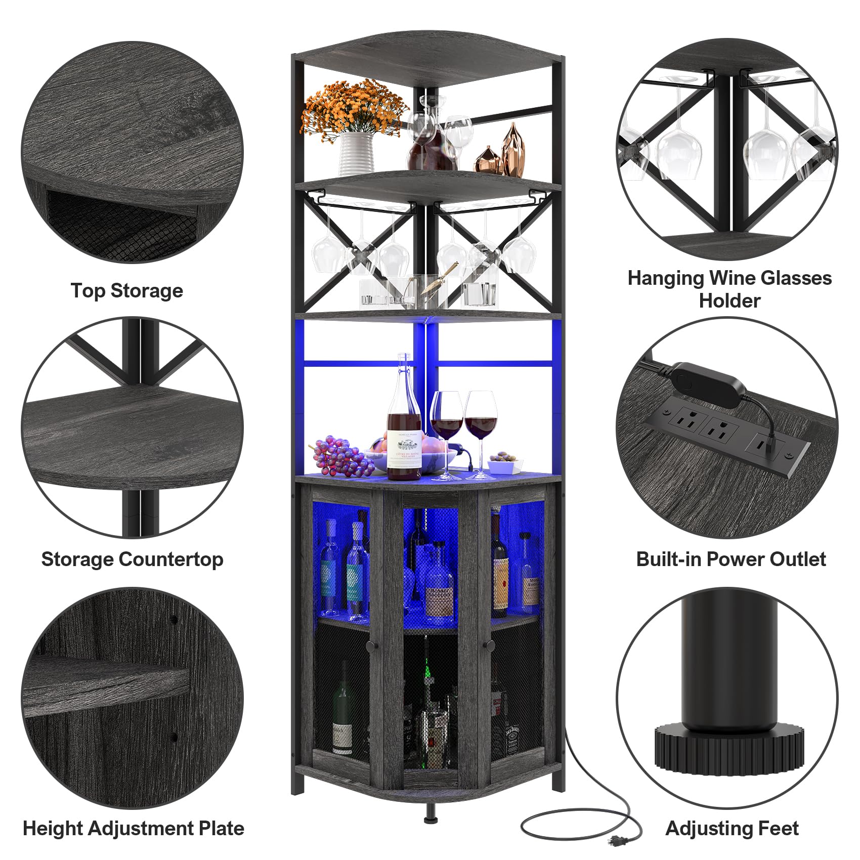 6-Tier Industrial Wine Bar Cabinet with LED Light, Power Outlet & Adjustable Shelves - Corner Liquor Storage with Glass Holder & Mesh Door - Perfect for Home Bars, Dining Rooms & Entertaining Guests