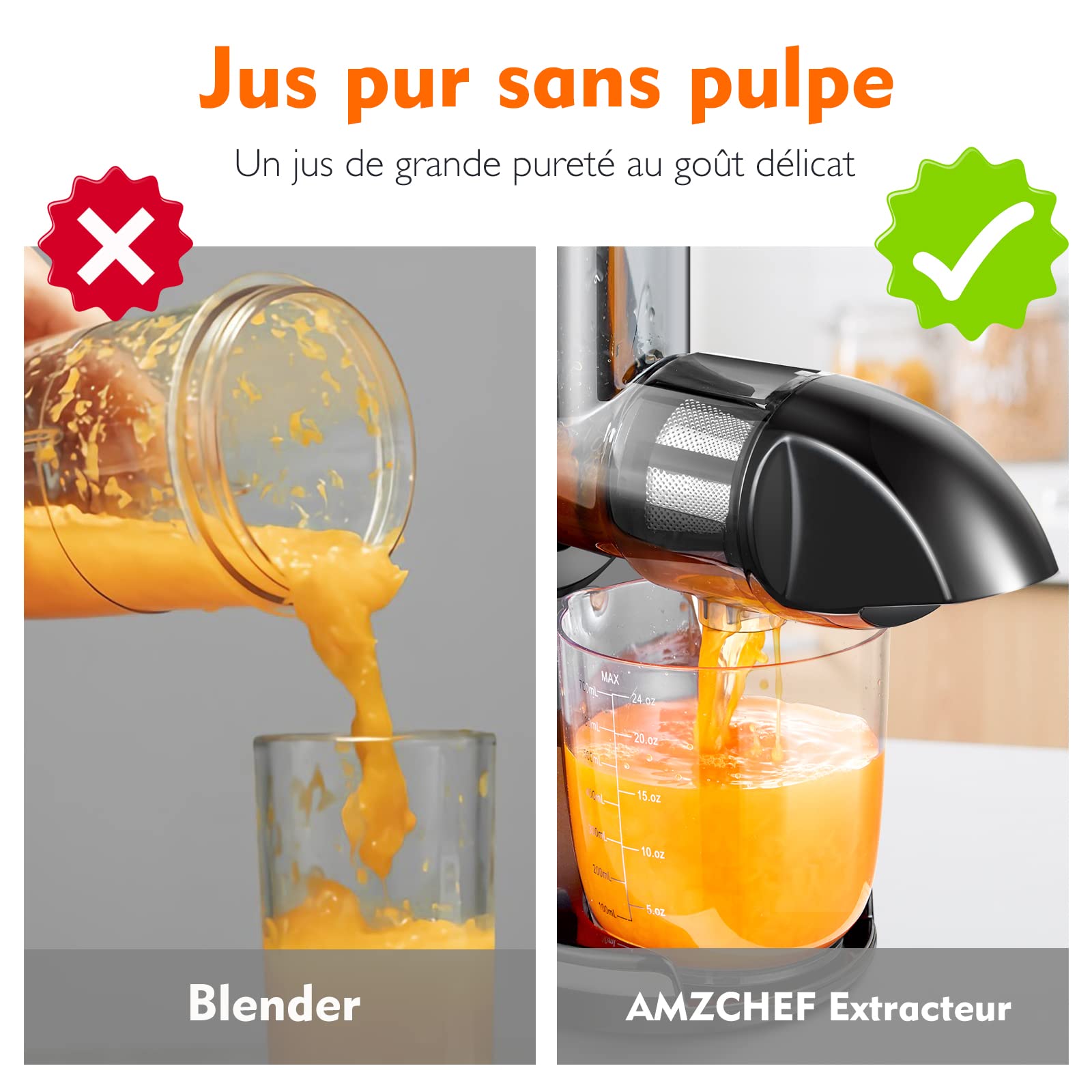 AMZCHEF Cold Press Juicer - Slow Masticating Juicer for Fruits and Vegetables - BPA-Free with Reverse Function to Prevent Clogging - Includes 2 Cups & Cleaning Brush - Matte Black - Perfect for Healthy Juicing at Home or Gym
