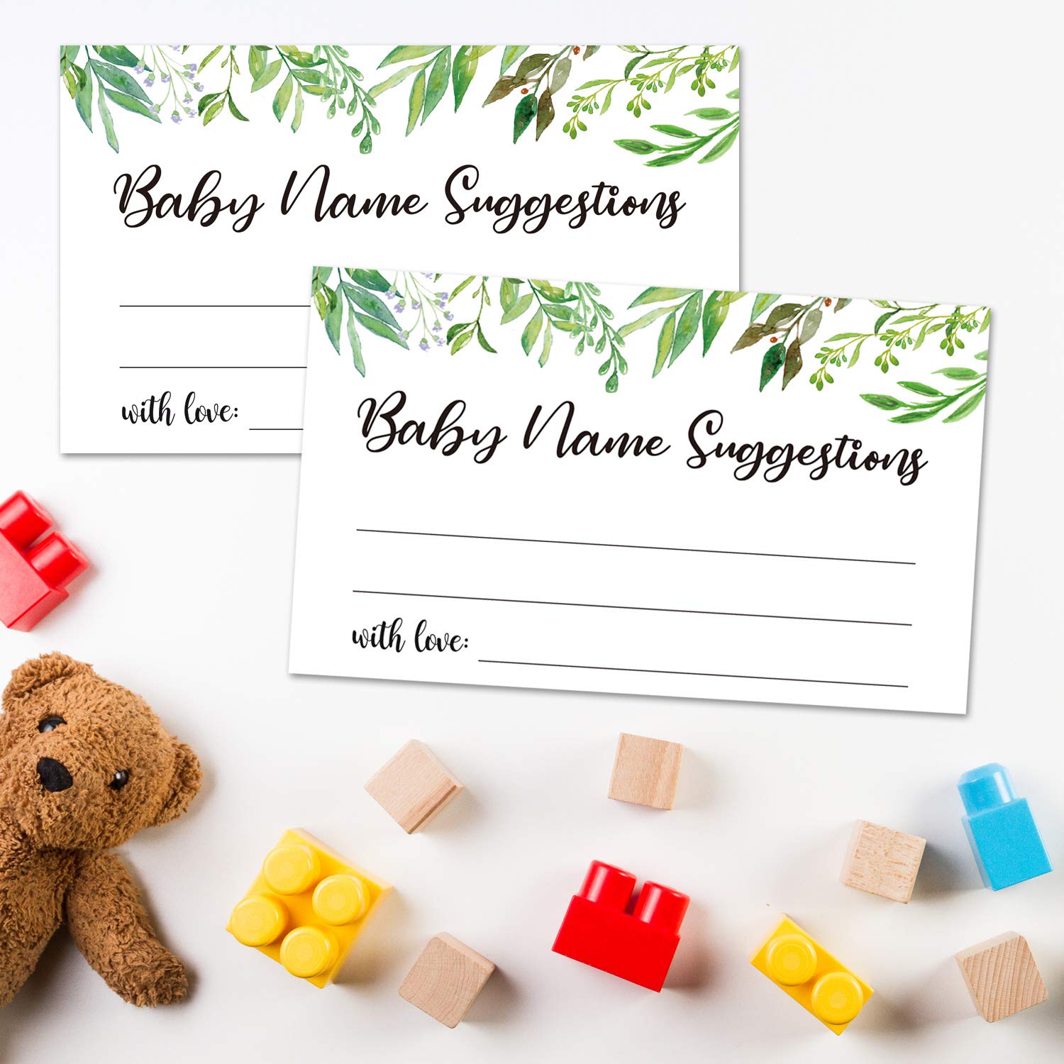 50 Baby Shower Name Suggestion Cards - Greenery-Themed Baby Name Game Cards for Gender Reveal & Baby Shower Parties - 3.5
