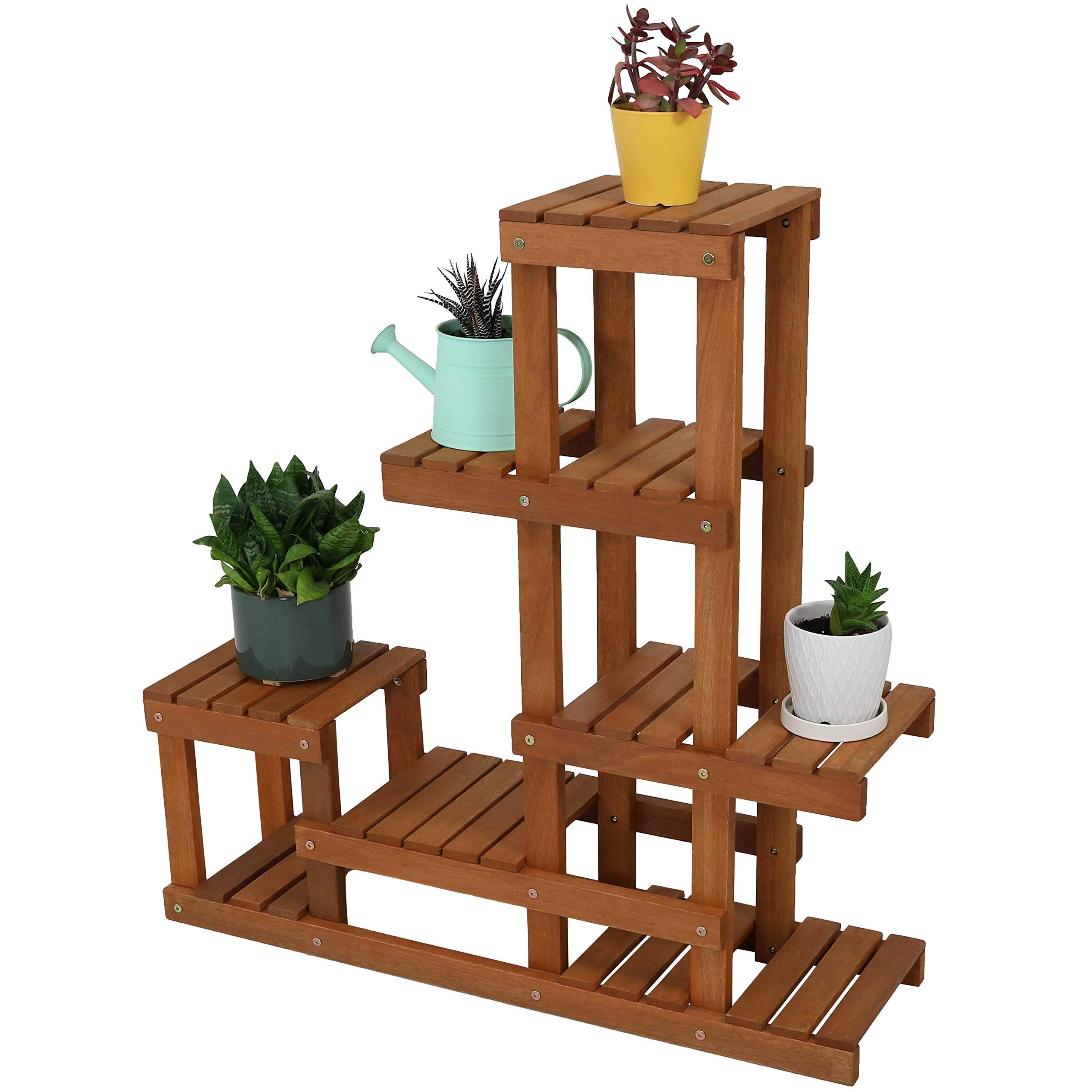 Sunnydaze 36-Inch Meranti Wood Indoor/Outdoor Multi-Tiered Plant Stand with Teak Oil Finish - Perfect for Patio, Garden, Balcony & Home Decor