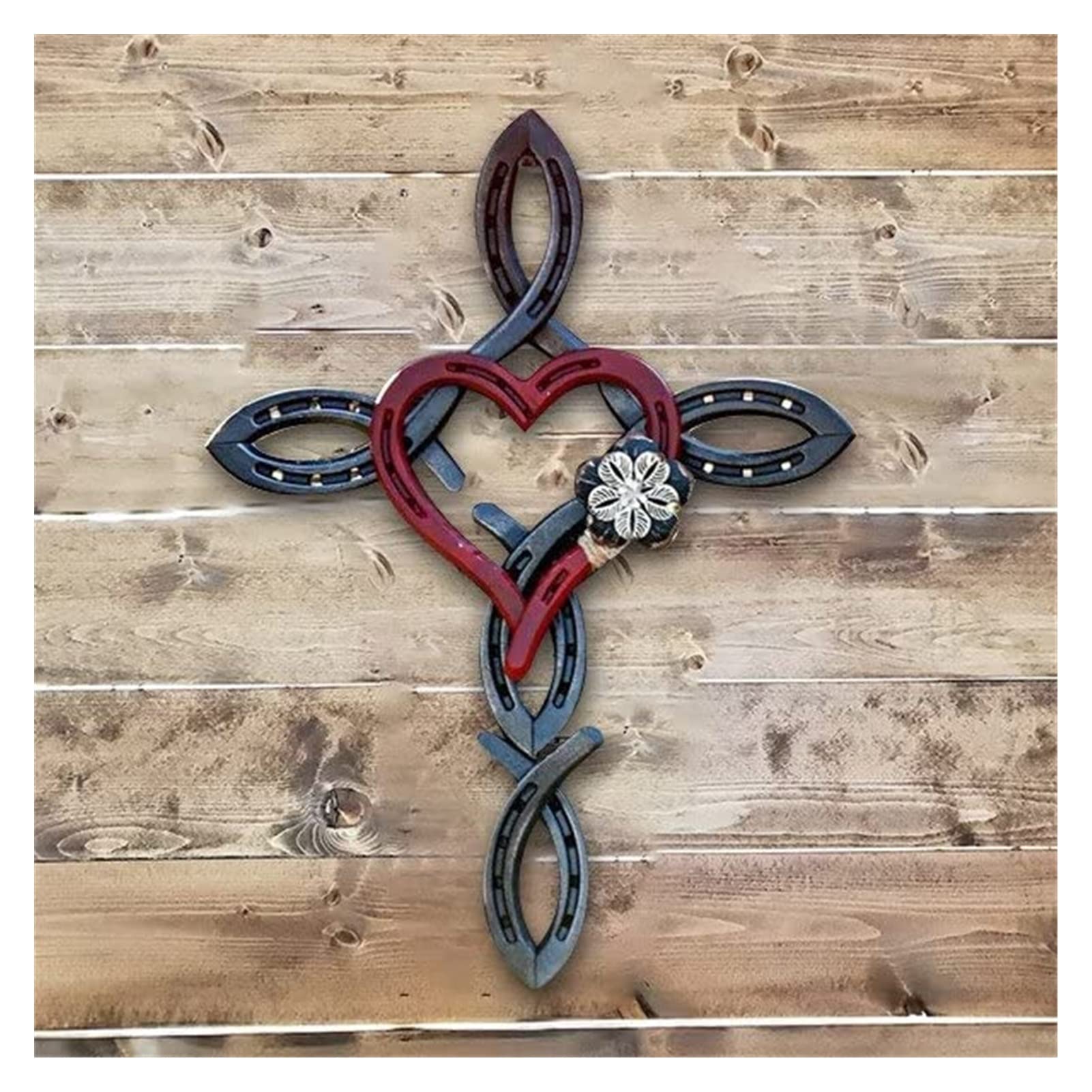 Liuhyun Vintage Metal Wall Art - Natural Horseshoe Cross with Heart Design, Purple Western Room Decor, 40x30cm for Garden, Bedroom, or Farmhouse Style Home