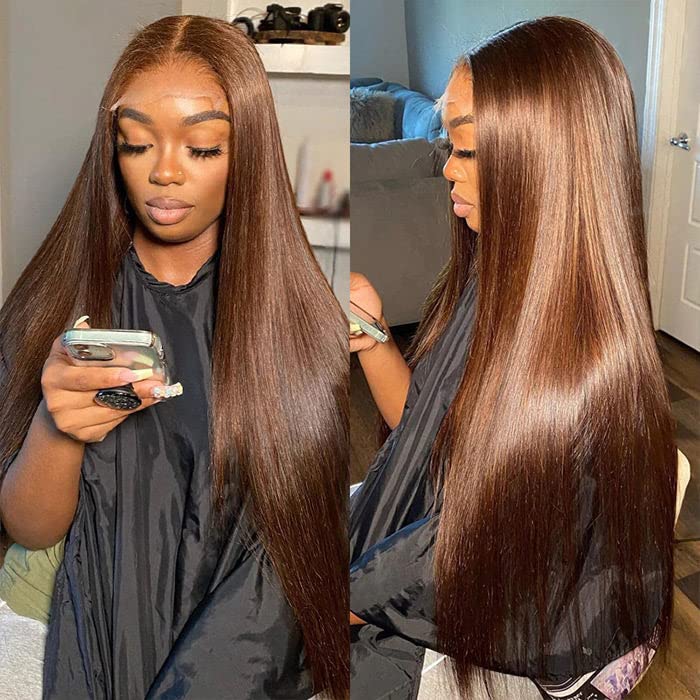 Flady Chocolate Brown Straight Lace Front Wig - 150% Density Pre-Plucked Human Hair Wig with HD Lace & Baby Hair for Black Women | Perfect for Daily Wear, Cosplay, and Special Occasions