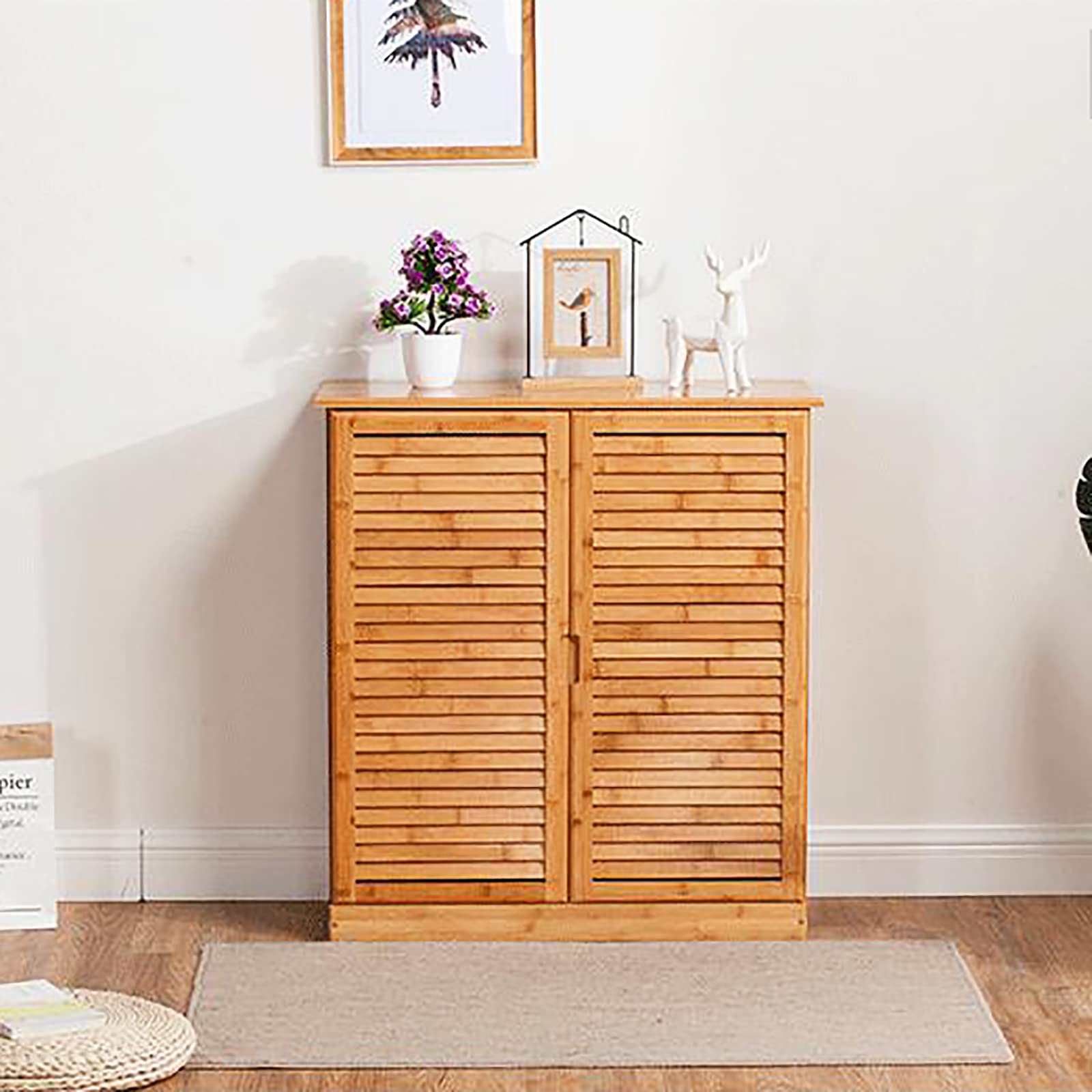 Bamboo Shoe Storage Cabinet with Doors - Rustic Entryway Shoe Organizer Rack | Perfect for Small Spaces, Hallways & Mudrooms