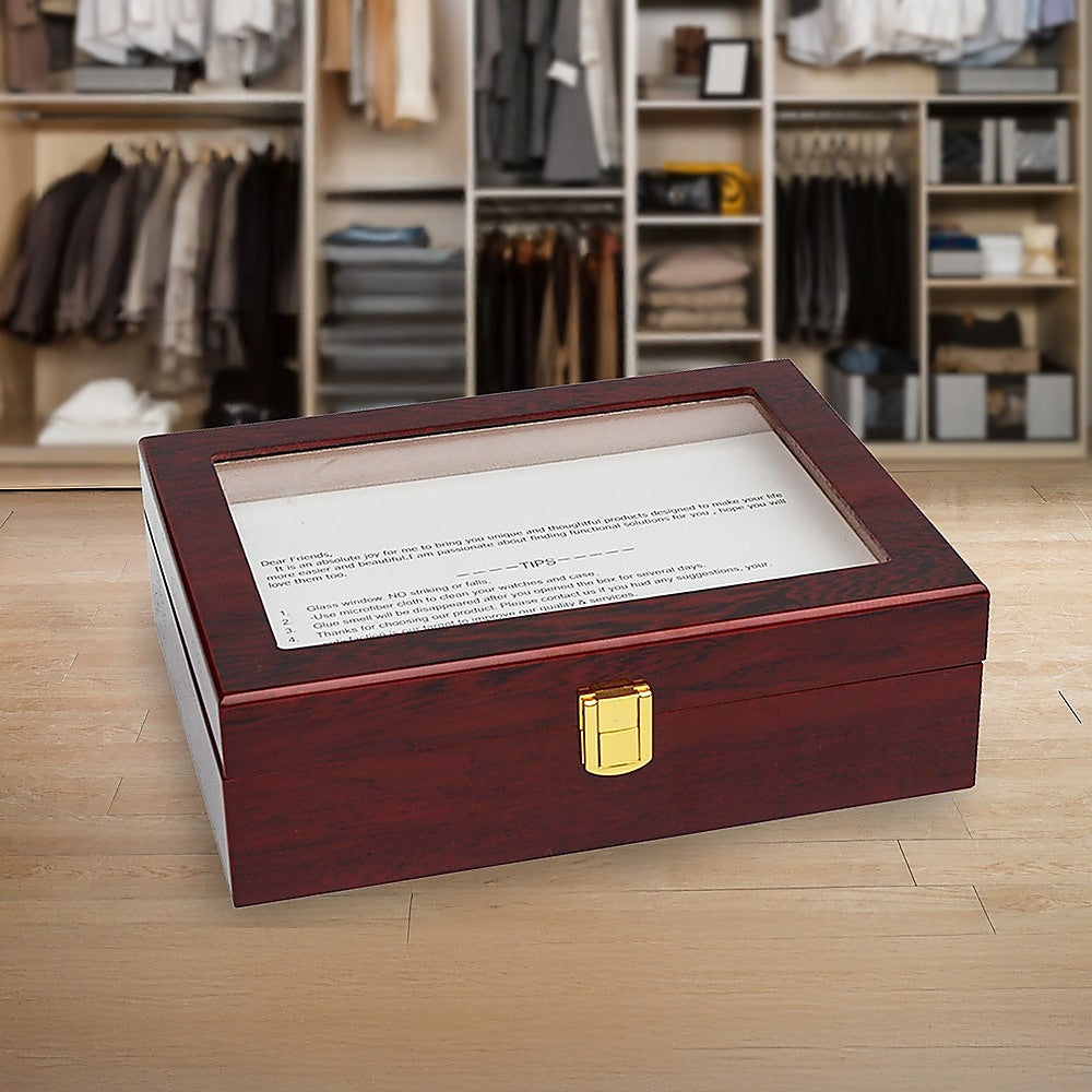 10-Slot Wooden Watch Display Case with Glass Top - Jewelry Storage Box for Watches, Rings, Necklaces - Perfect for Home, Office, and Retail Store Display