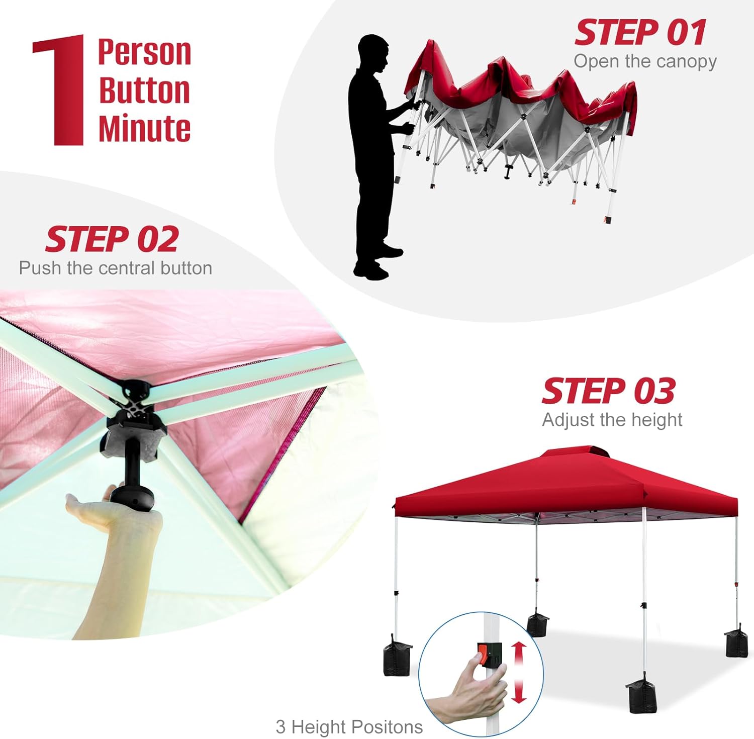 WEIZE 10x10 Pop Up Canopy Tent - Instant One Button Setup, Adjustable Height Gazebo with 4 Weight Bags | Portable Shelter for Outdoor Events, Camping, Beach & Backyard Parties | Silver Coated Top & Red Frame Sun Shade Protection