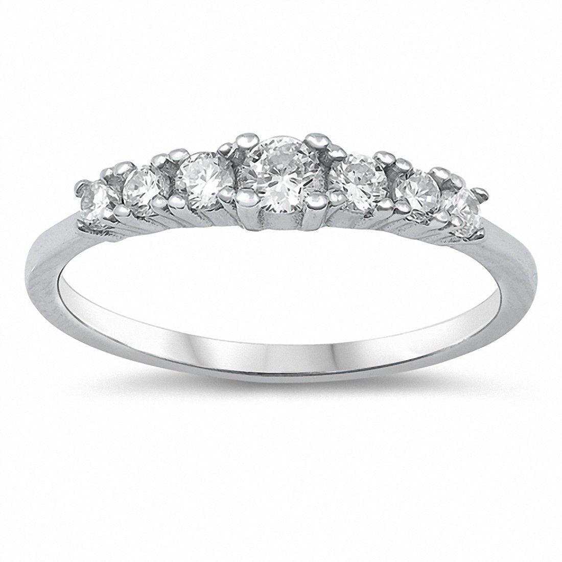 7 Stone Bar Half Eternity Band Ring - Round Cubic Zirconia in 925 Sterling Silver (Choose Your Color) - Perfect for Anniversary Gifts, Wedding Bands & Everyday Elegance