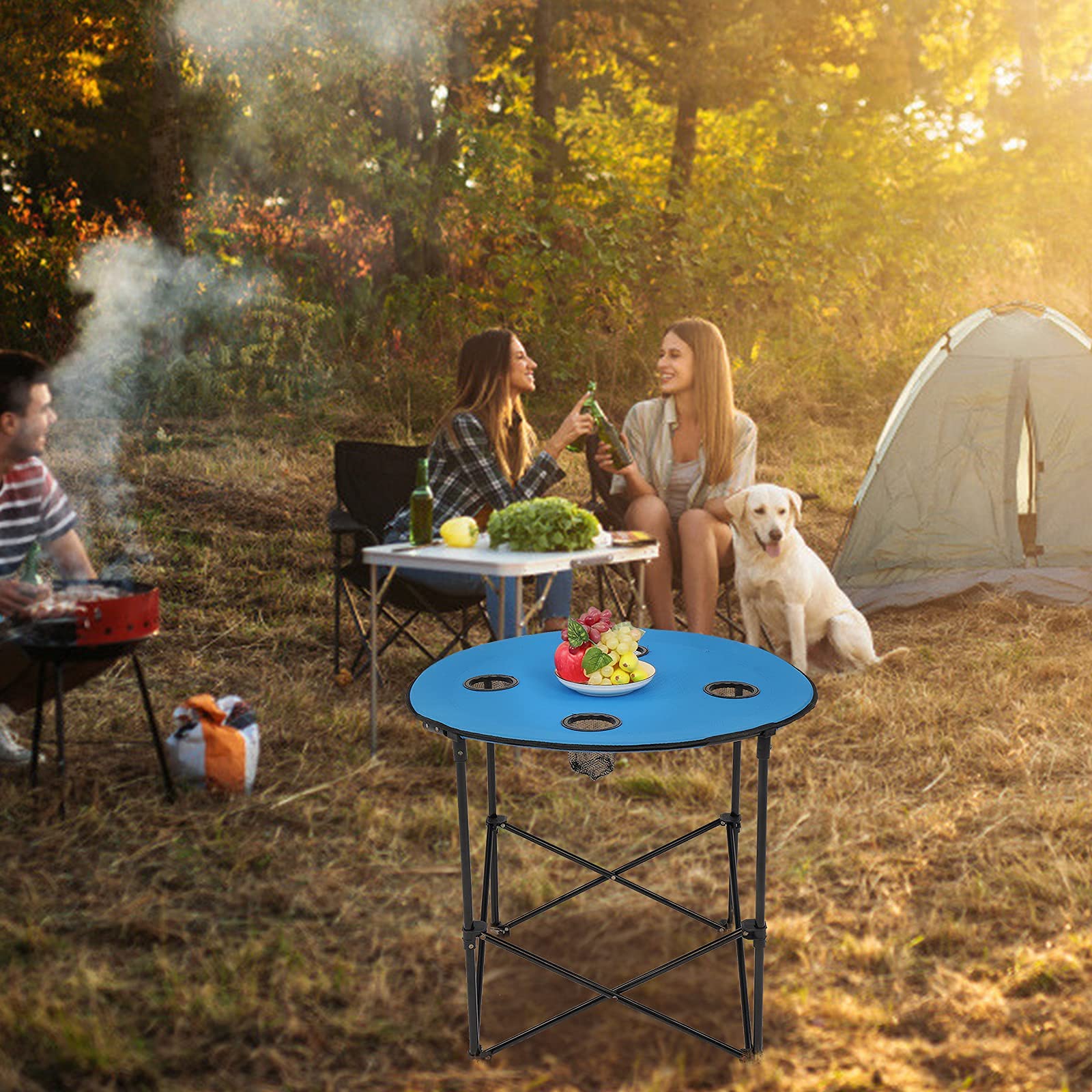 Heavy Duty Folding Camping Chair for Adults - Portable Outdoor Lawn Armchair with Cup Holder & Round Table (Blue) - Supports 4.74lbs - Perfect for Camping, Fishing, Picnics, Backyard & Beach Relaxation