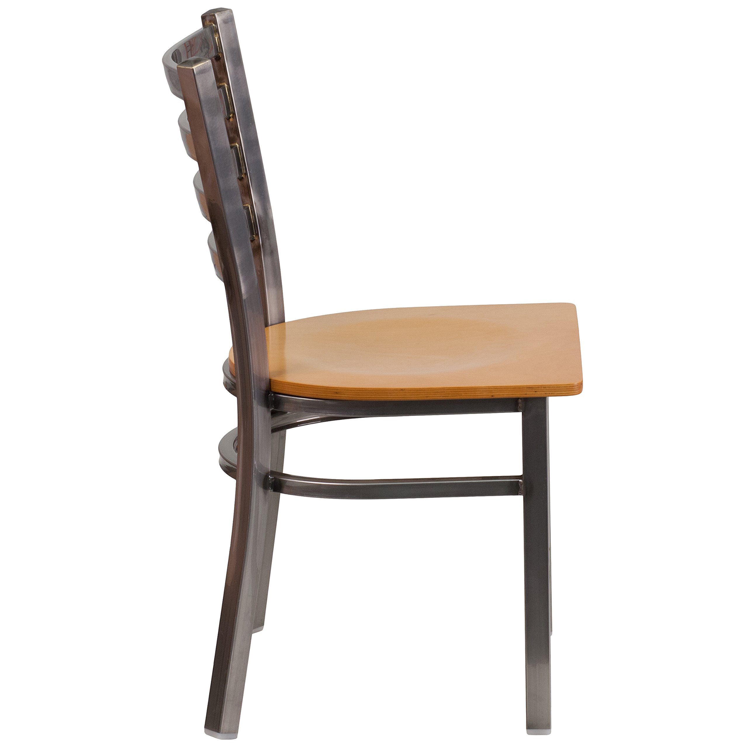 EMMA + OLIVER Clear Coated Ladder Back Metal Dining Chair with Natural Wood Seat - Modern Kitchen & Dining Room Furniture for Home, Restaurant & Cafe Use