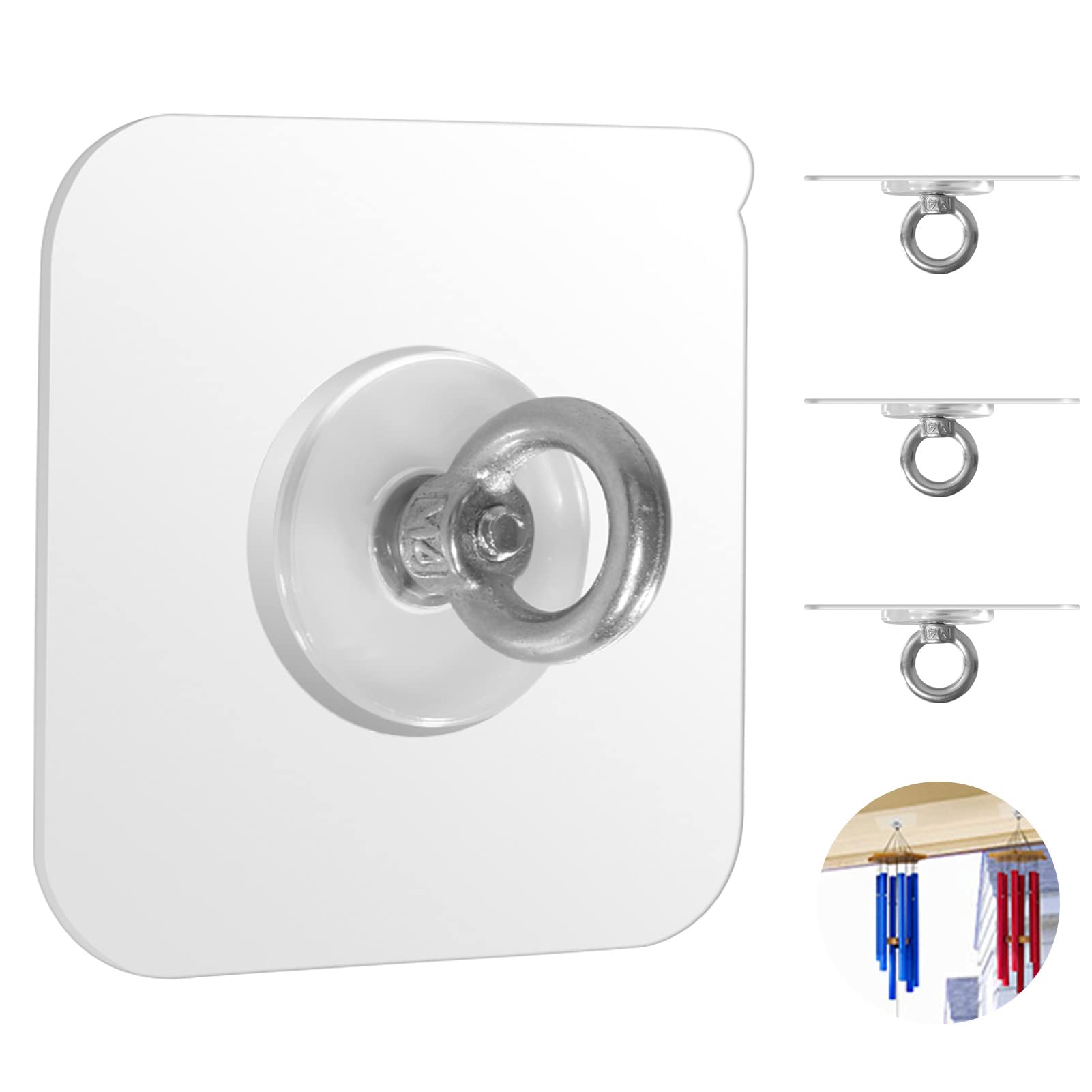 Stainless Steel Ceiling Hooks - 4 Pack Waterproof Nail-Free Adhesive Wall Hooks for Hanging Plants, Wind Chimes, Decorations - Indoor & Outdoor Use in Kitchen, Bathroom, Garden, Patio