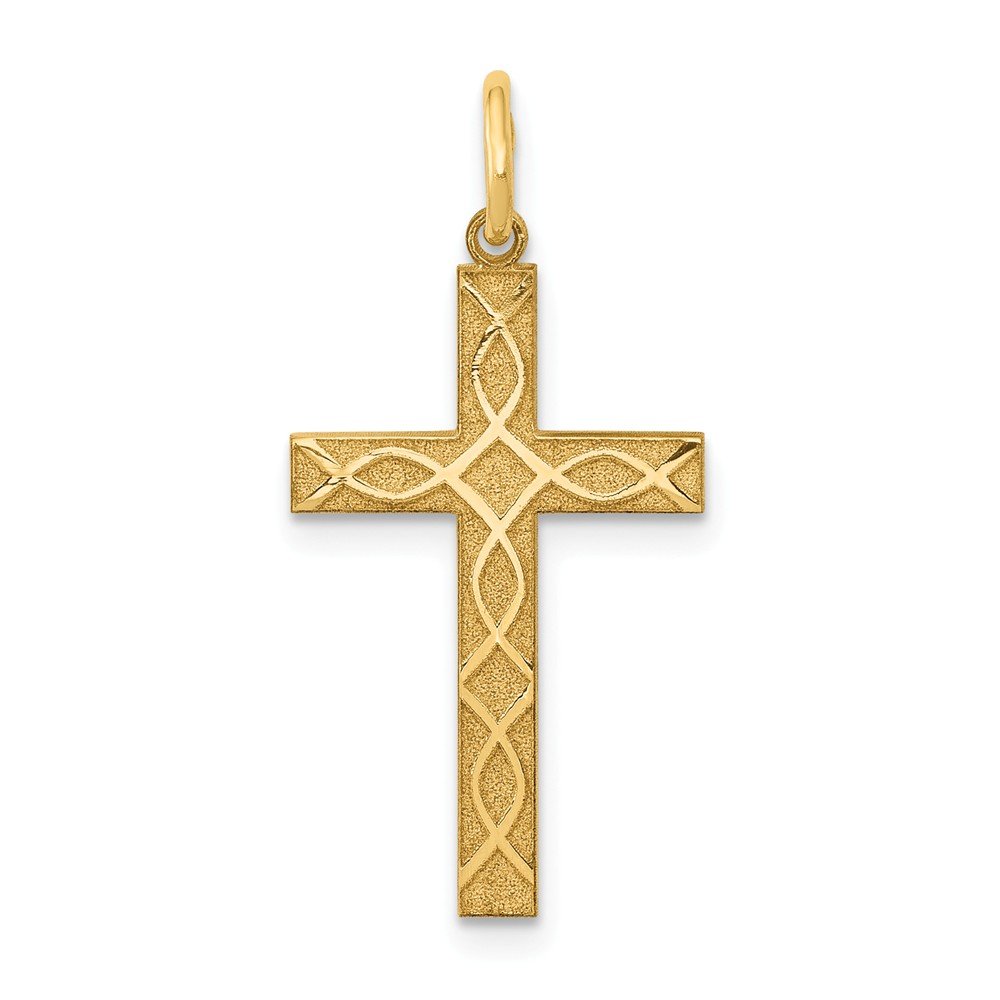 14K Solid Yellow Gold Laser-Engraved Cross Crucifix Charm Pendant - 27mm x 13mm - Perfect for Necklaces, Gifts & Religious Jewelry