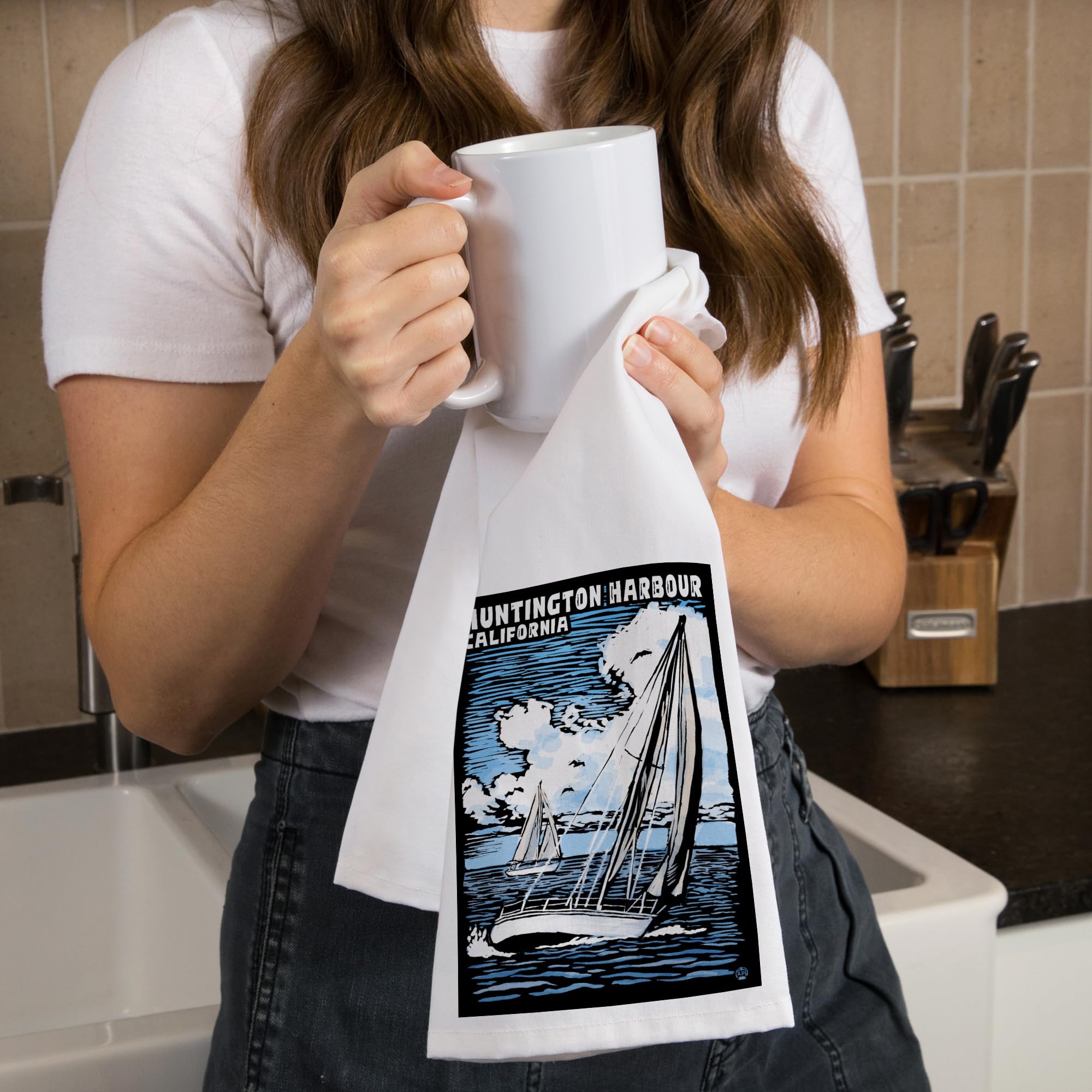 Lantern Press Huntington Harbour California Sailboat Scratchboard Tea Towel - 100% Cotton Decorative Hand Towel for Kitchen & Home - Perfect for Gifts, Dish Drying & Coastal Decor