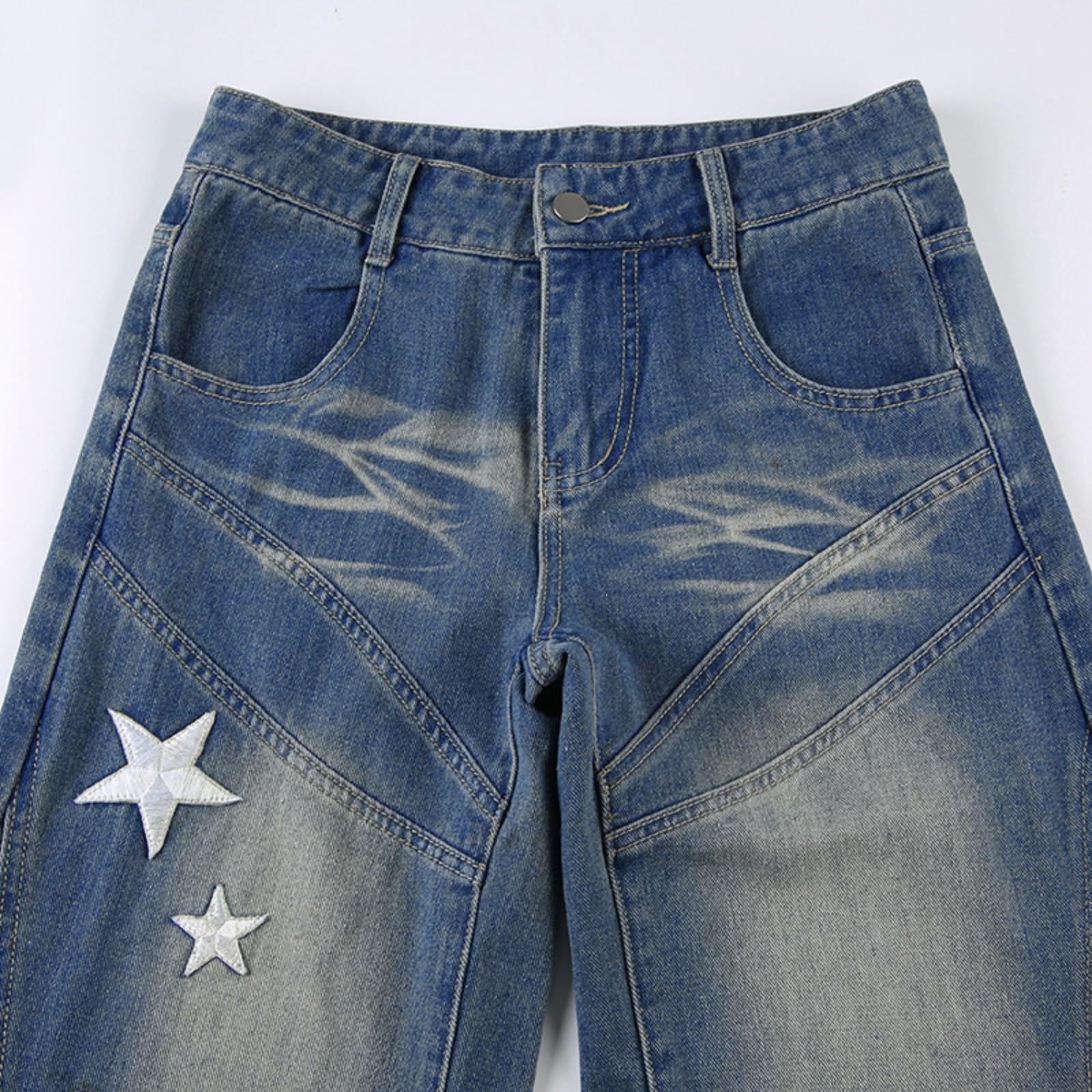 Women's Low Rise Flared Jeans - Vintage Washed Y2K Denim Pants with Star Embroidery | Perfect for Casual Outfits, Streetwear Fashion & Retro Style