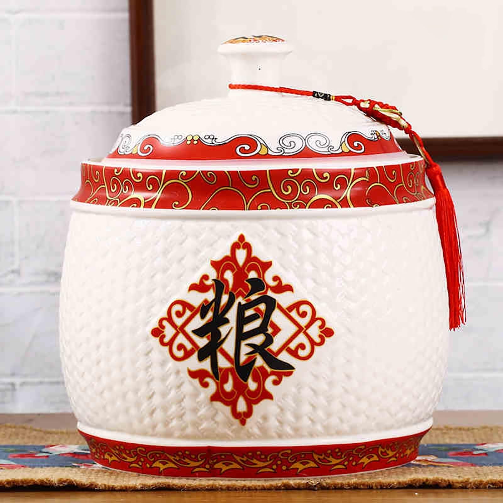 Premium Ceramic Rice Storage Container - Large Airtight Grain Dispenser with Tassel Design for Rice, Coffee Beans, Snacks & Dry Food (10L Capacity) | Perfect for Kitchen Pantry Organization & Bulk Food Storage