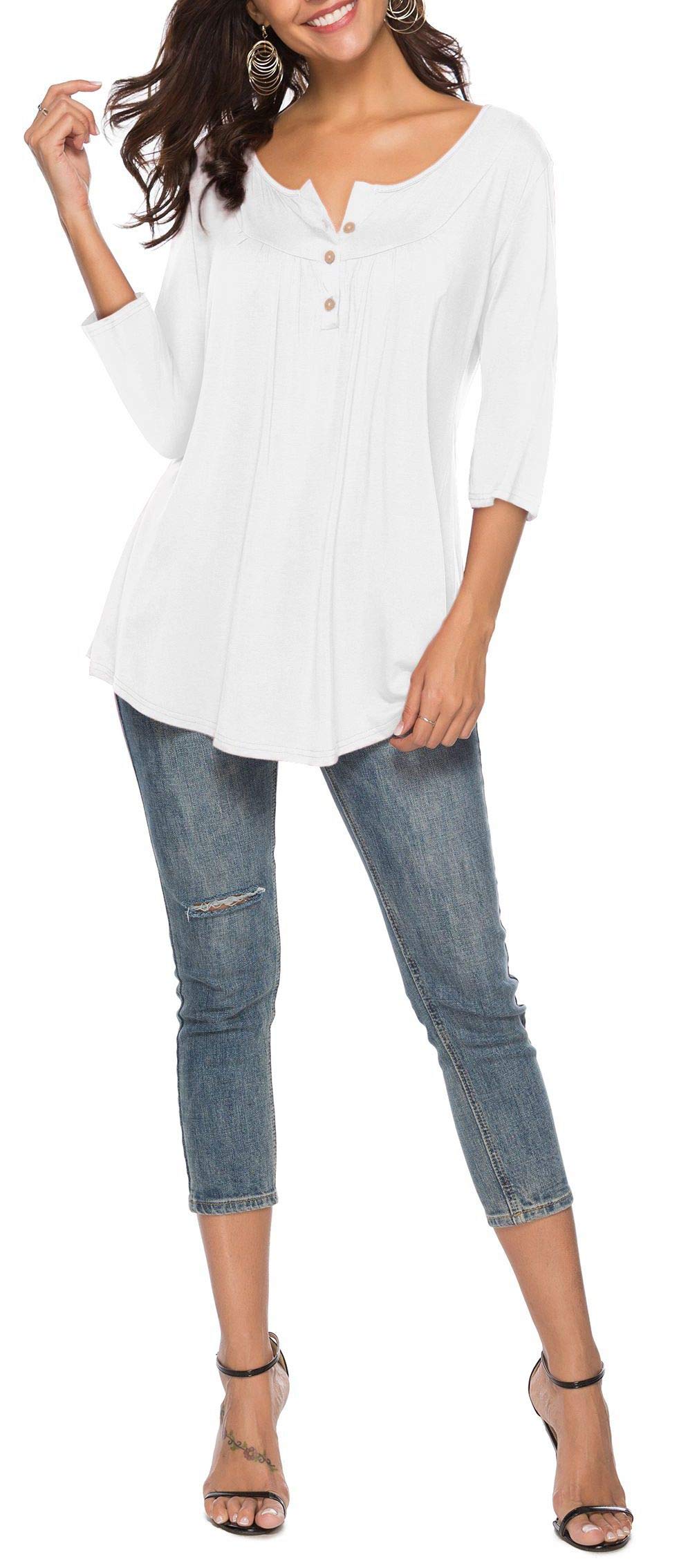 THANTH Women's Casual V-Neck 3/4 Sleeve Button-Up Blouse - Loose Fit Tunic Top for Work, Office & Everyday Wear