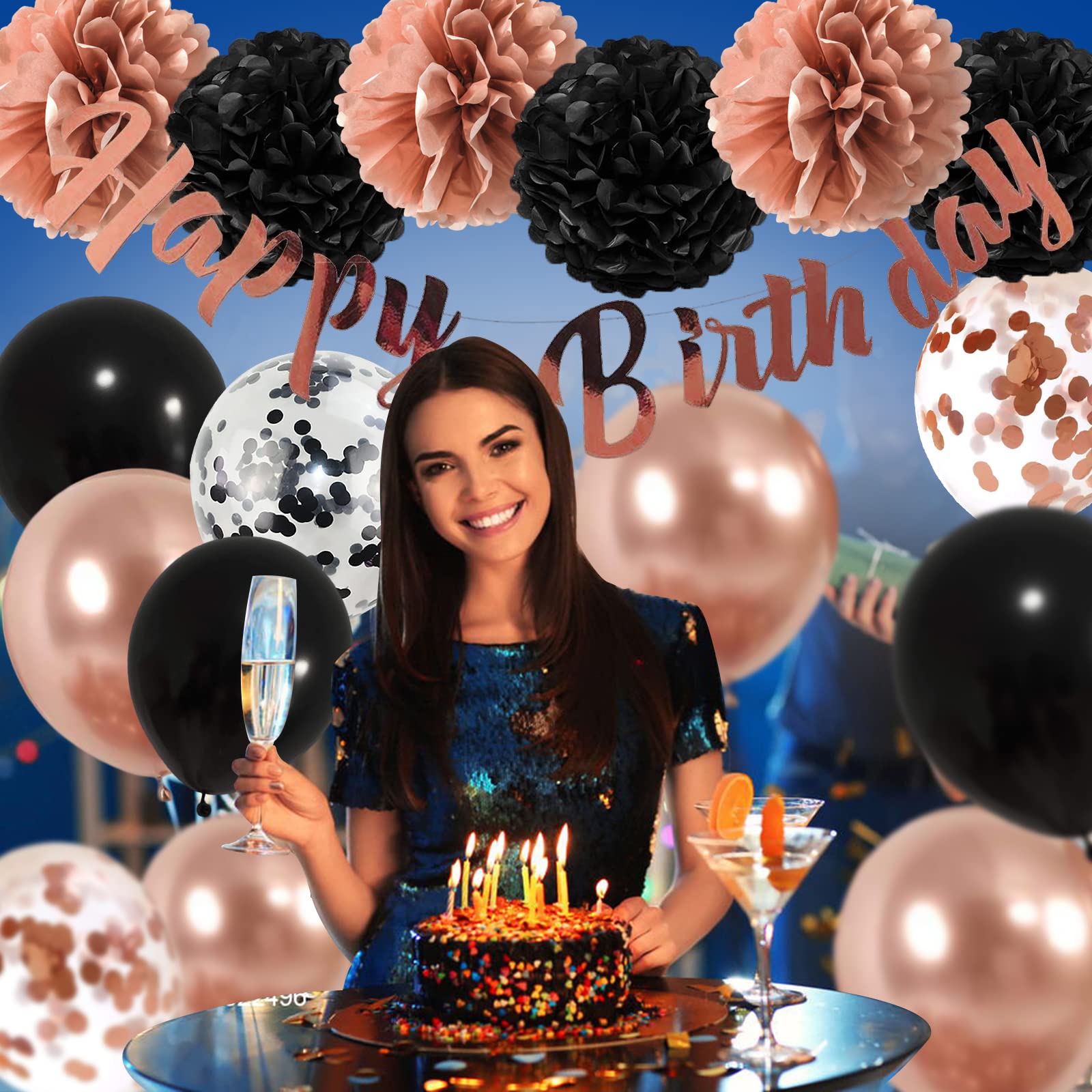 Elegant Rose Gold & Black Birthday Party Decorations Set - Happy Birthday Balloon Banner, Tissue Flowers & Balloons for 16th, 18th, 21st, 30th, 50th, 60th Birthday Celebrations - Perfect for Women & Girls' Milestone Parties, Baby Showers & Anniversary Events