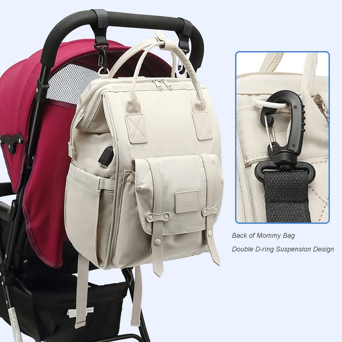 RETENA Diaper Backpack with USB Port & Insulated Pockets - Large Baby Bag for Moms (Beige) - Perfect for Travel & Outings