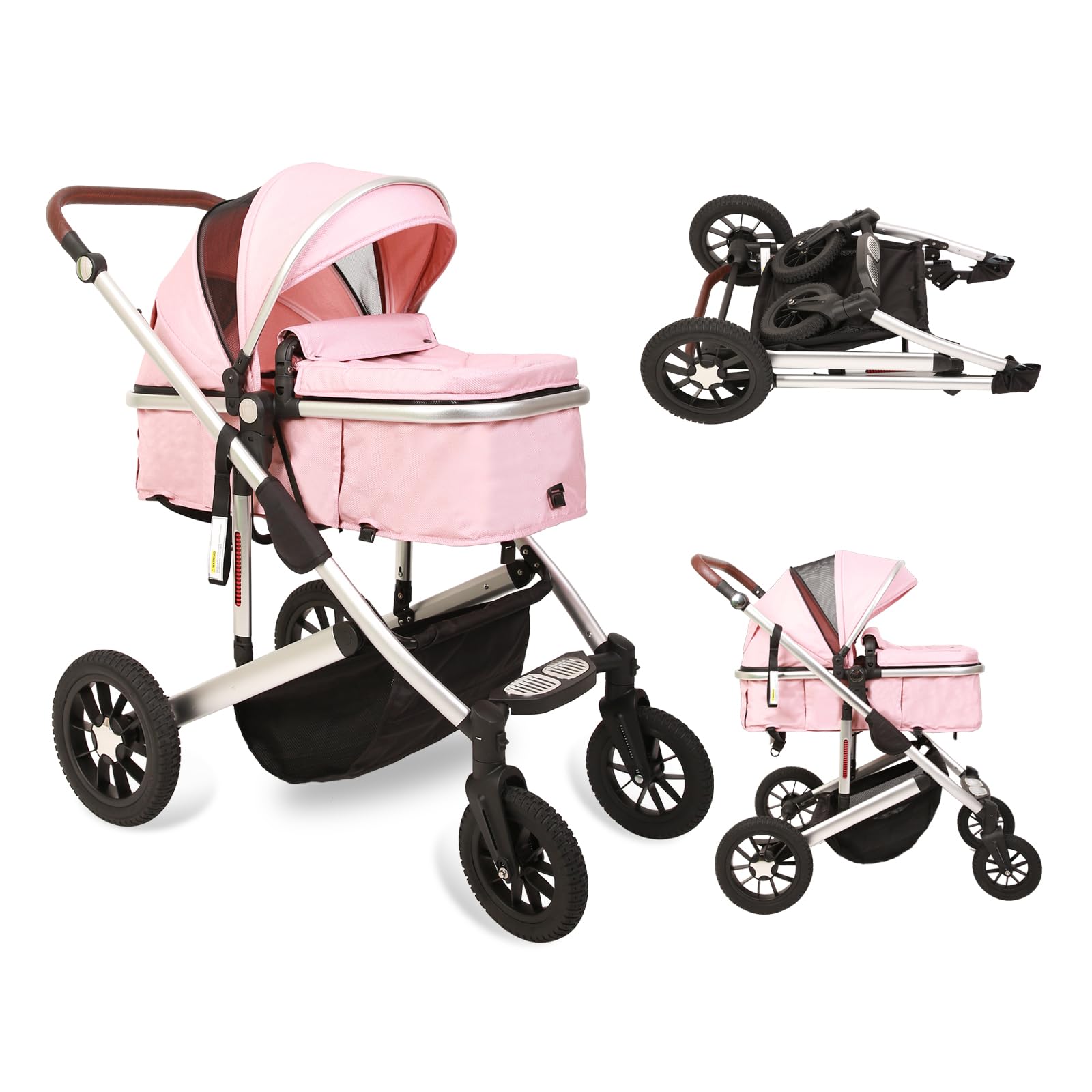 2 in 1 Baby Stroller with Reversible Bassinet - Adjustable Backrest & Canopy, Foldable Lightweight Aluminum Alloy Stroller for Newborns (Silver-Pink) | Perfect for Park Walks, Shopping & Travel