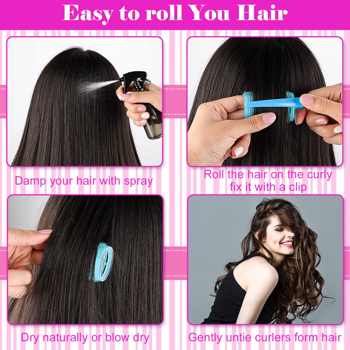 Encuryna 50-Pack Self-Adhesive Hair Rollers Set - No Heat Curling Rollers with Comb & Duckbill Clips for Women - Salon & Home Hair Styling - Perfect for Creating Natural Curls, Waves & Volume