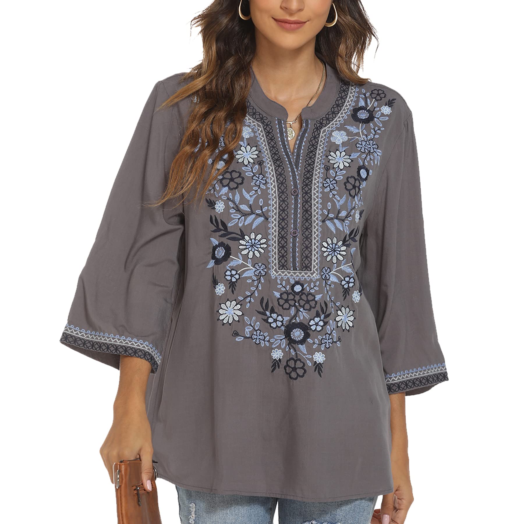 LauraKlein Women's Mexican Embroidered V-Neck 3/4 Sleeve Peasant Blouse - Casual Loose Summer Tunic Top for Women | Perfect for Beach Vacations, Boho Festivals & Everyday Wear