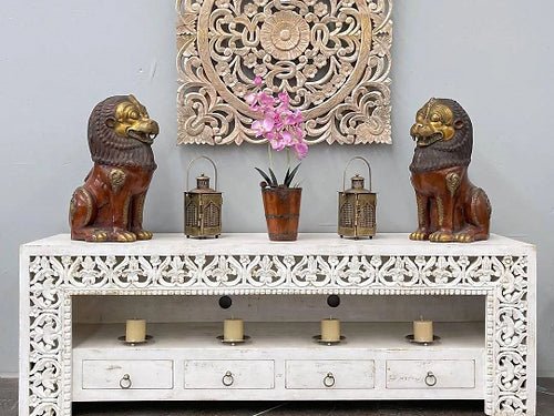 Handmade White Carved Wood Media Console Table - Solid Wood Entertainment Center for Living Room, TV Stand with Storage Shelves | Perfect for Modern Home Decor & Media Organization
