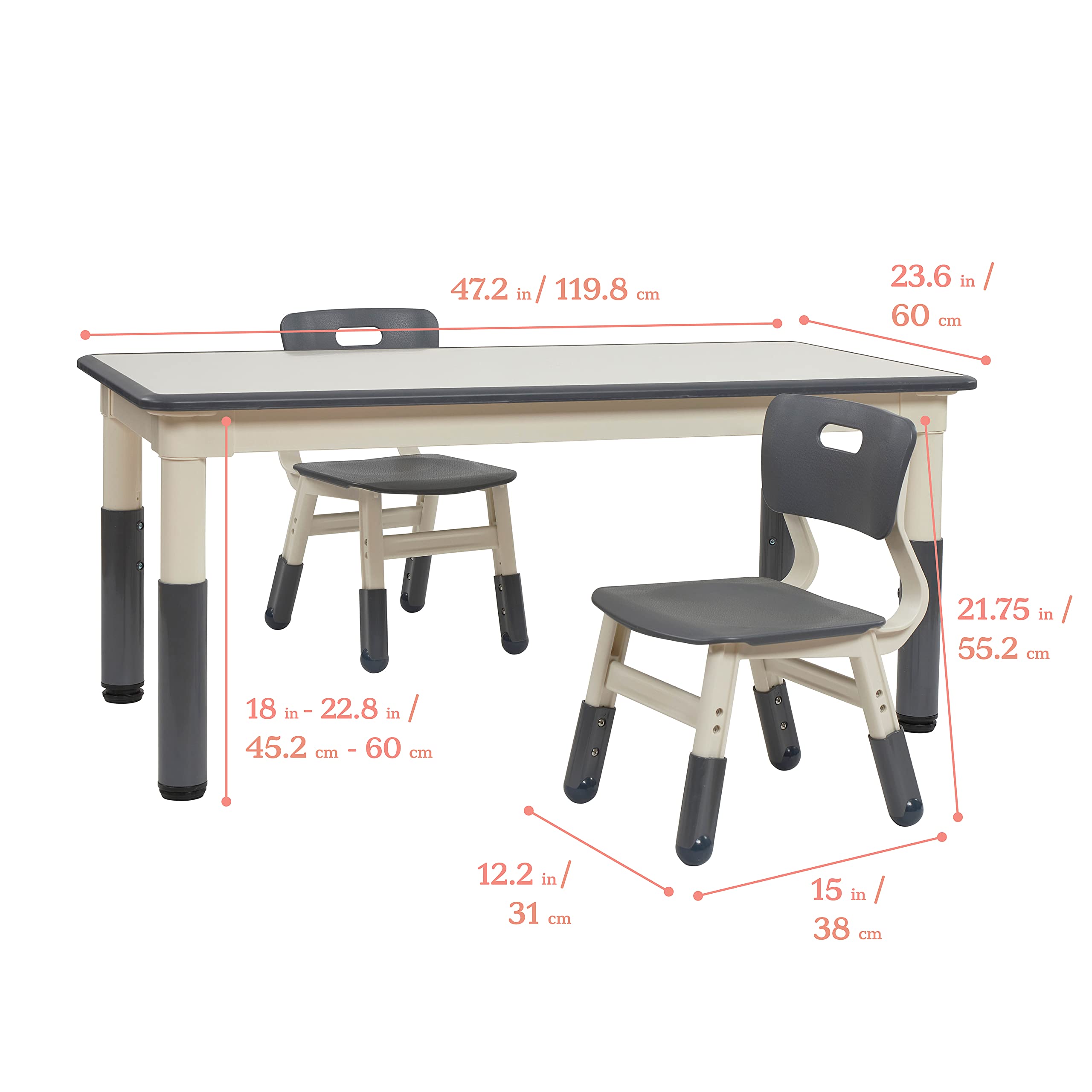 ECR4Kids Adjustable Dry-Erase Activity Table with 2 Chairs - Kids Study & Play Furniture Set for Classroom & Home Learning - Grey
