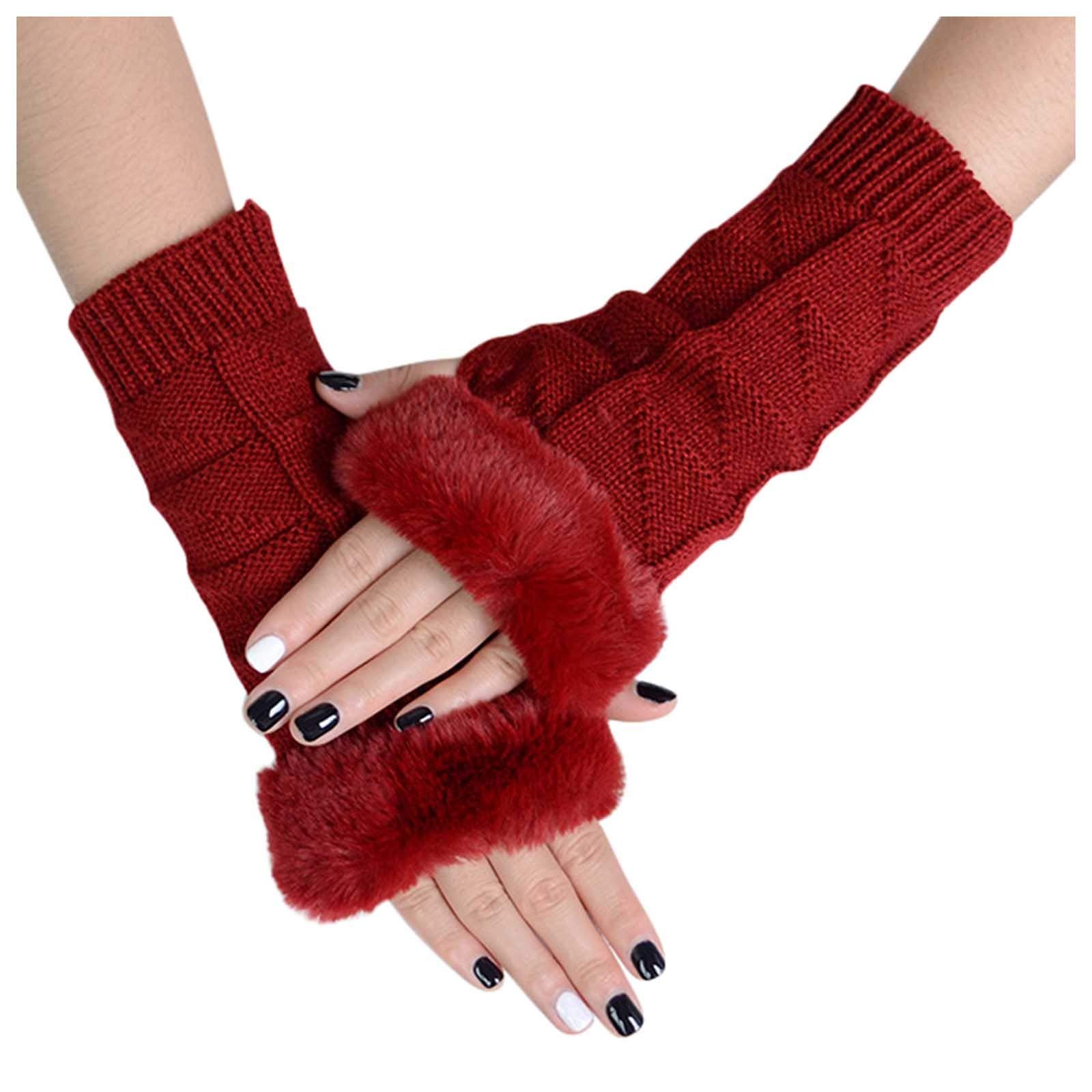 Women's Winter Warm Knitted Fingerless Gloves with Plush Cuff - Elegant Half-Hand Mitten for Typing & Cold Weather - Perfect for Office Work, Driving, and Outdoor Activities