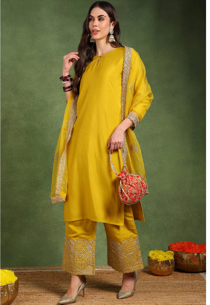 Elegant Yellow Silk Blend Kurta Set for Women | Comfortable & Stylish Indian Ethnic Wear | Perfect for Festivals, Weddings & Parties