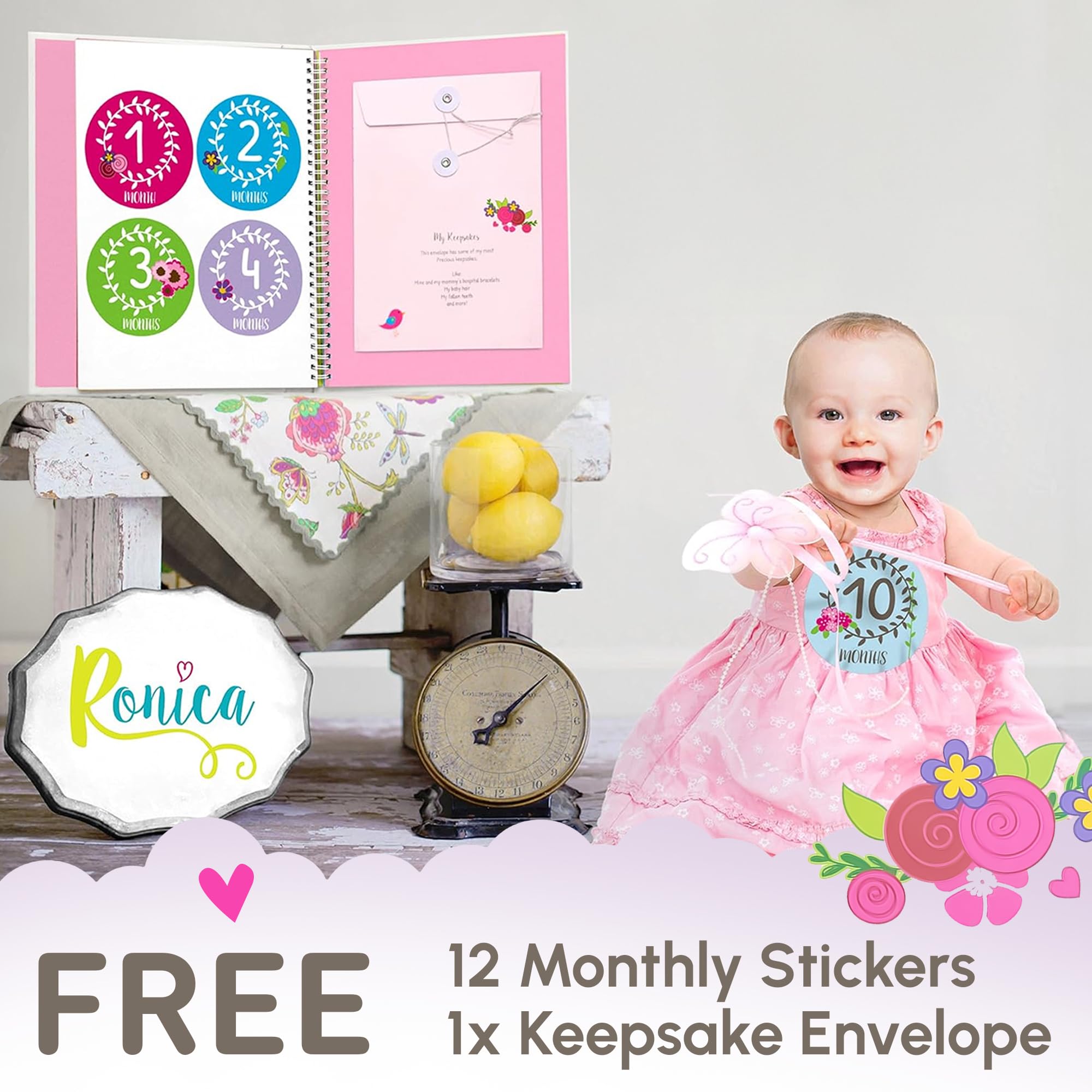 Ronica Baby Girl Memory Book - Easy-to-Use Photo Album & Scrapbook for New Parents | Record Milestones, First Photos & Special Moments | Perfect Baby Shower Gift & First Year Keepsake
