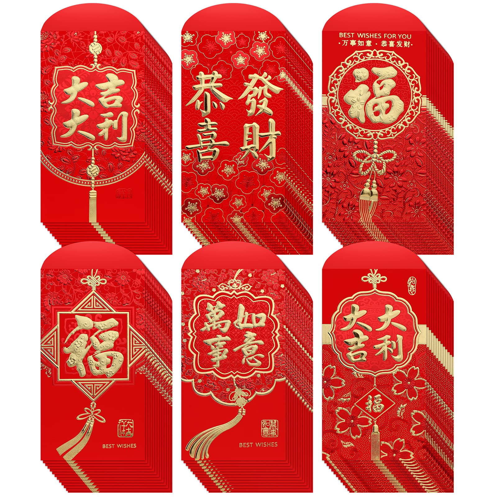 120 Pcs Chinese New Year Red Envelopes (Hong Bao) - 6 Lucky Designs for Lunar New Year, Weddings, Birthdays & Year of the Snake 2025 - Traditional Asian Money Gift Envelopes for Cash Gifts, Blessings & Celebrations