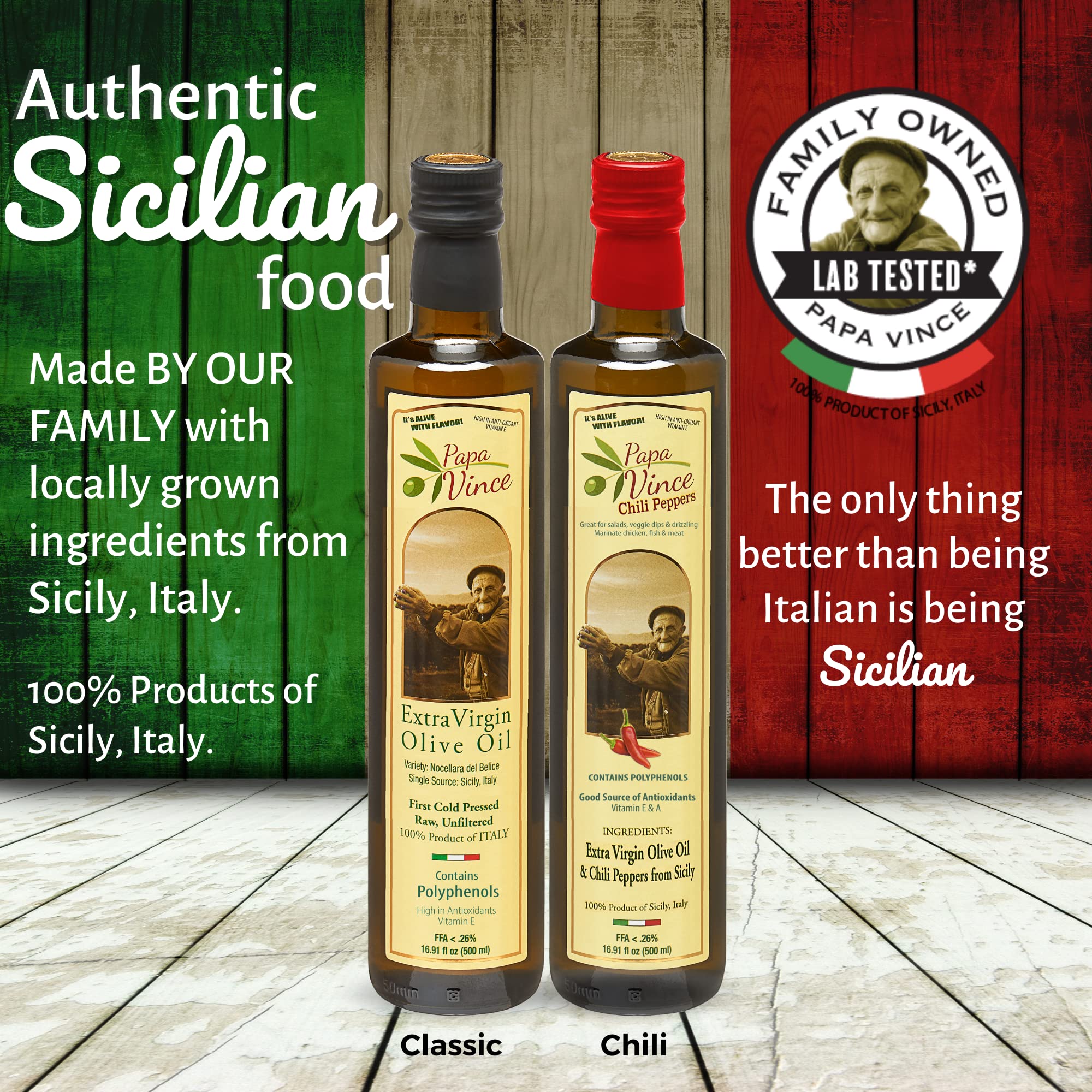 Premium Organic Extra Virgin Olive Oil - Papa Vince Cold Pressed Polyphenol Rich EVOO | Early Harvest, Unfiltered & Unrefined | Vitamin Rich with Amazing Taste | 2-Pack (Classic & Chili Oil) | Perfect for Salads, Cooking & Gourmet Dipping