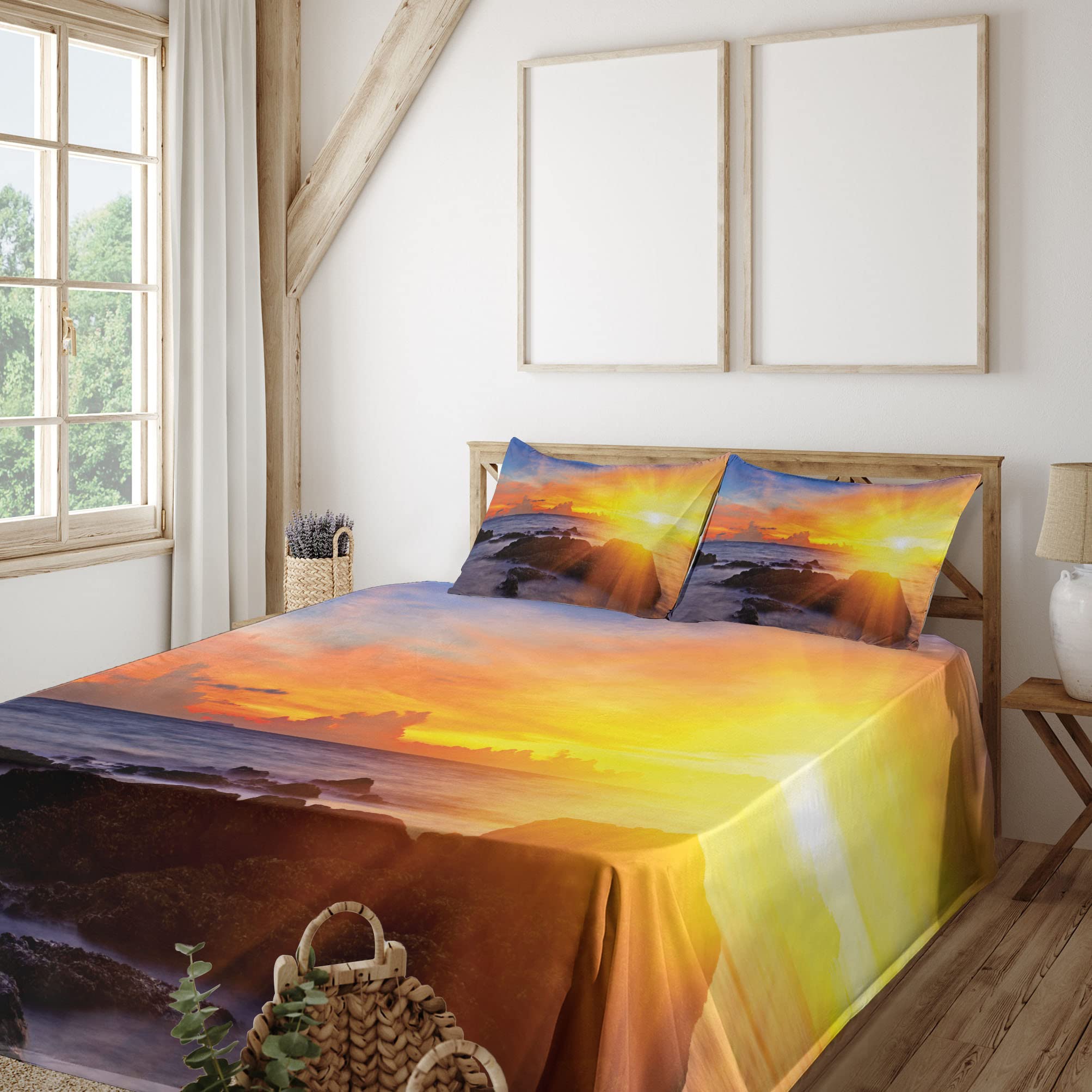 Ambesonne 4-Piece King Size Beach Sheet Set - Colorful Sunset Tropical Fantasy Print, Fitted & Flat Sheets with Pillowcases - Orange & Blue Coastal Bedding for Summer Vacation, Beach House Decor, Guest Room Accent