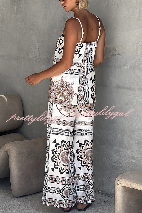 Stylish Printed Loose Casual Tank Top with Elastic Waist Wide Leg Pants Set - Women's Summer Outfit for Beach, Travel & Daily Wear