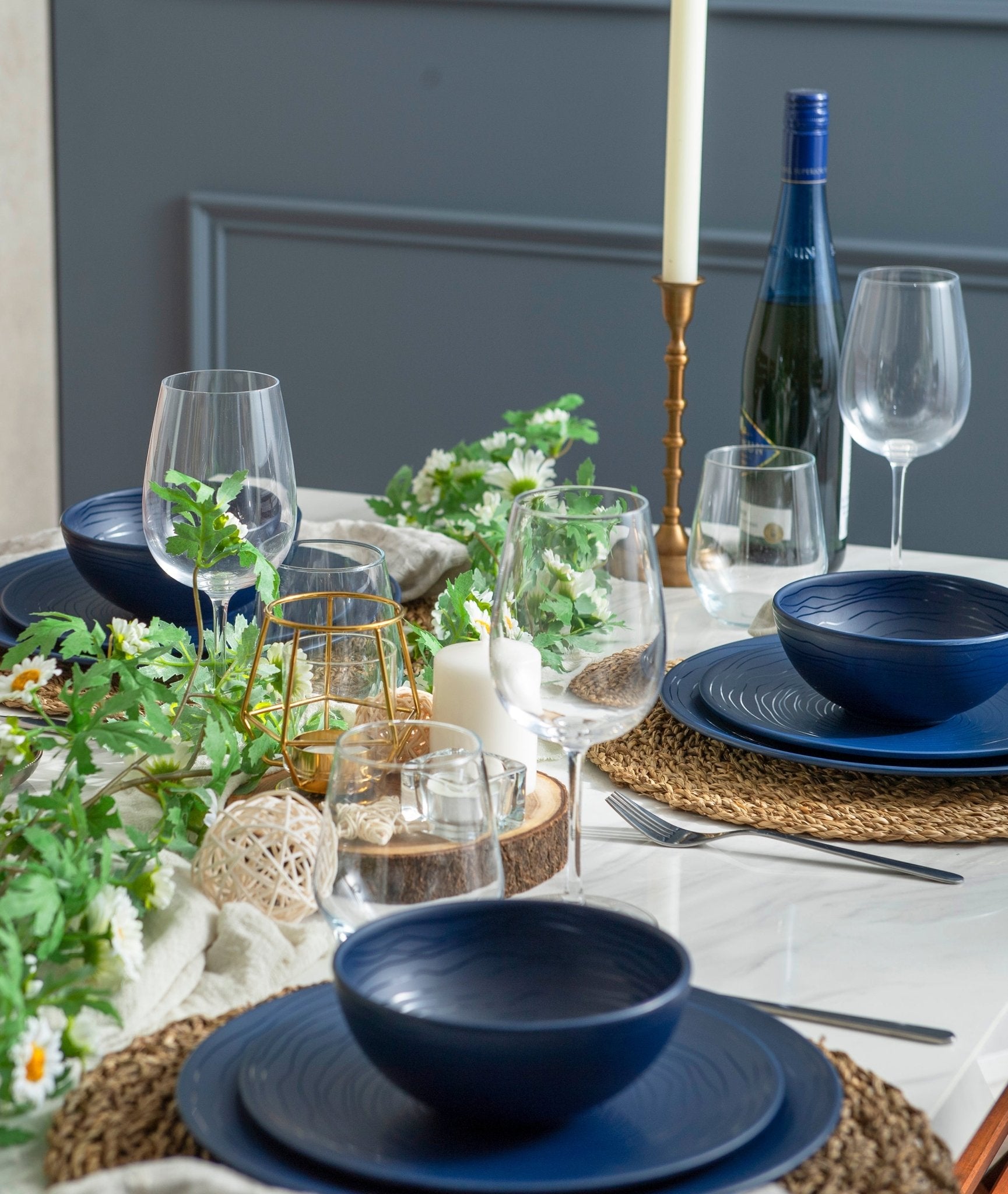 12-Piece Organic Melamine Dinnerware Set - French Navy Plates & Bowls for Outdoor Dining, Picnics, and Camping