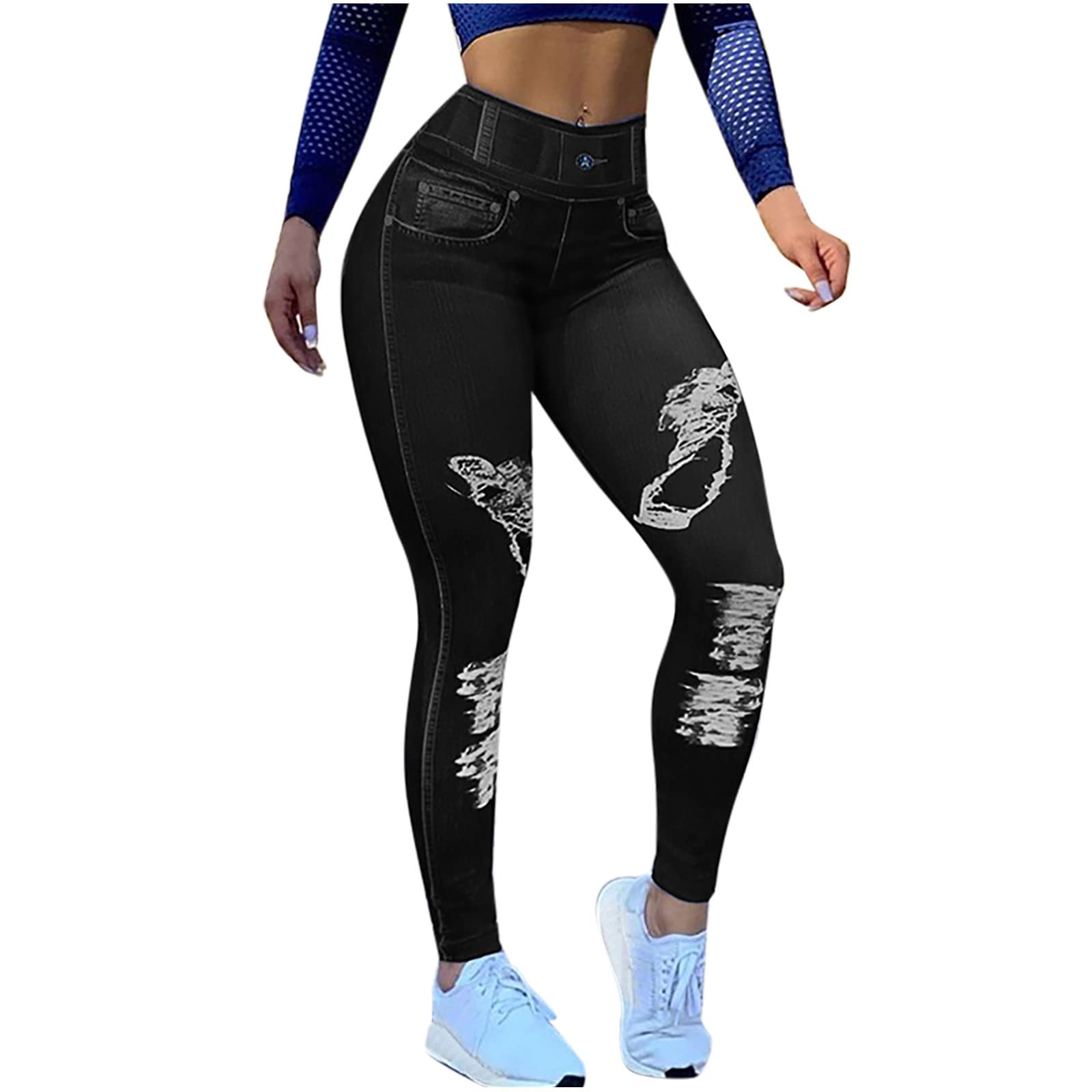 Women's Petite Skinny Denim Leggings - Stretch Waist Tight Patch Jeans - Full Length Stretchable Trousers for Streetwear | Perfect for Casual Outfits, Work & Night Out