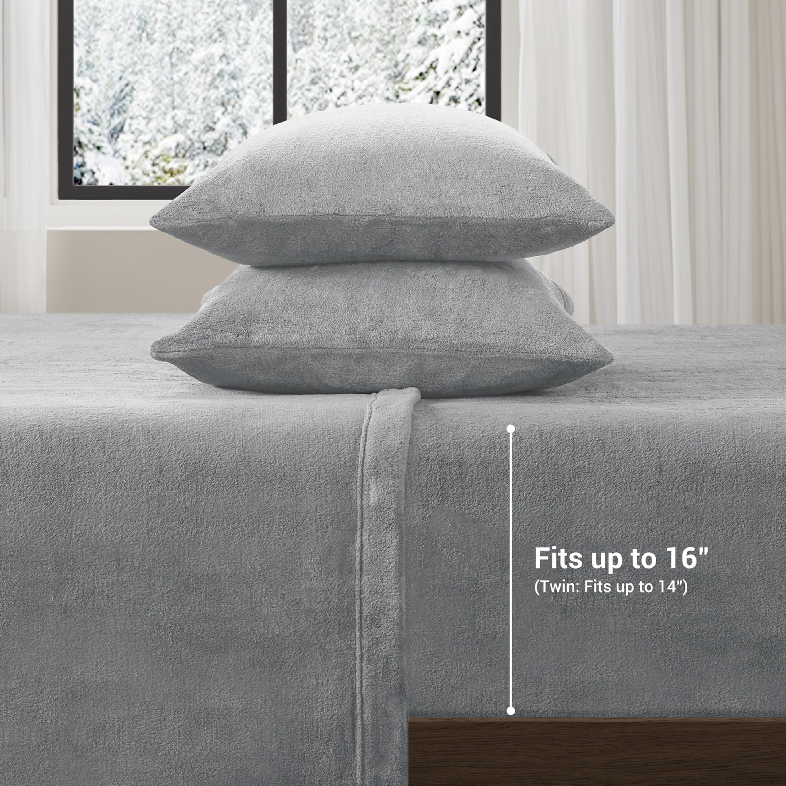 True North by Sleep Philosophy 4-Piece Plush Sheet Set - Queen Size, Solid Grey, Ultra Soft & Warm Bedding, Deep Pocket Fits 16