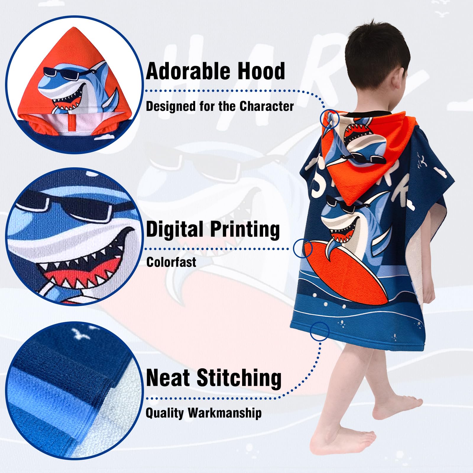 Shark Surfing Hooded Kids Beach Towel - Quick Dry Lightweight Soft Microfiber Poncho Towel 24x23 for Toddlers Boys & Girls Ages 1-6 | Swim Cover Up, Pool, Bath & Outdoor Activities