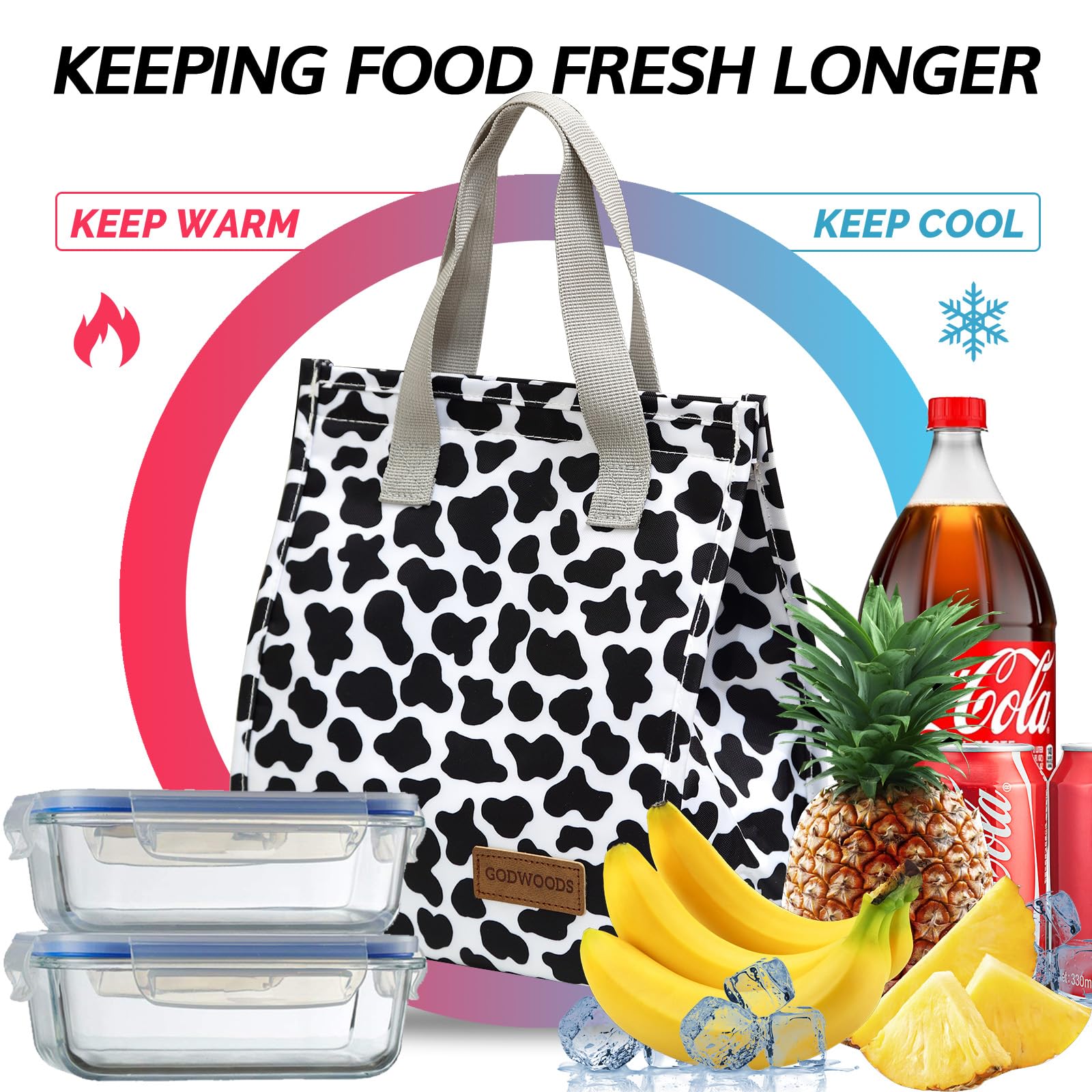 Insulated Lunch Bag for Women & Men - Large Reusable Leakproof Tote Lunch Box Container for Office, Work, Beach or Travel - Cow Print Design | Perfect for Meal Prep, Picnics & Commuting