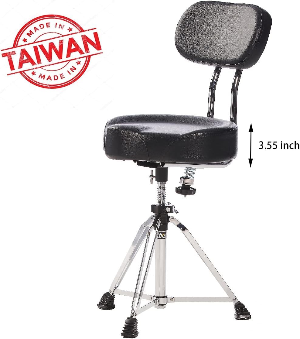Premium Adjustable Drum Throne Stool with Large Backrest - Motorcycle Style Seat for Drummers | Made in Taiwan | Comfortable Percussion Stool for Drum Sets, Practice Sessions & Live Performances