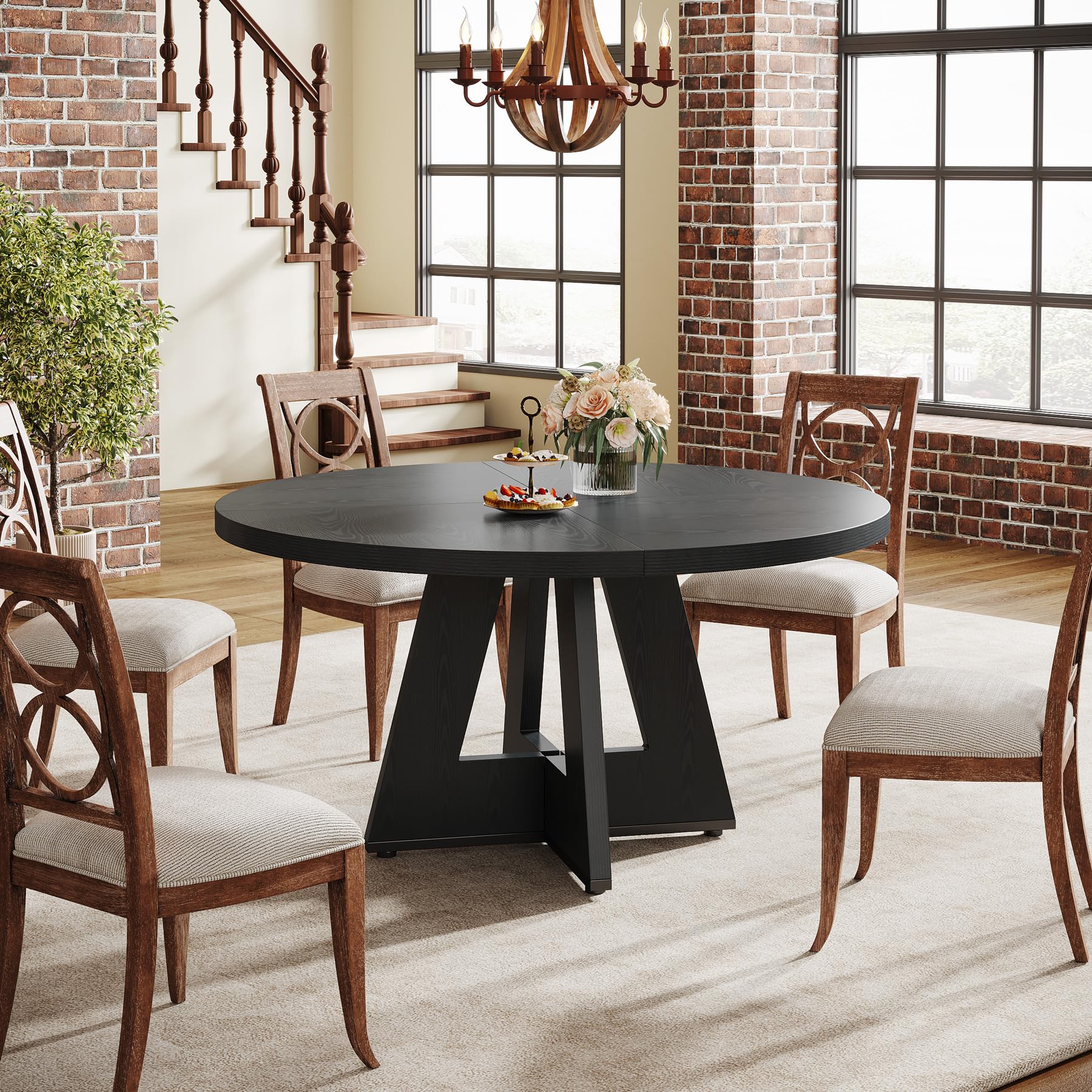 Tribesigns 47 Inch Round Farmhouse Dining Table - Rustic Wooden Dinner Table for 4, Perfect for Home Dining Room & Living Room | Ideal for Family Meals, Entertaining Guests & Small Space Decor (Black)
