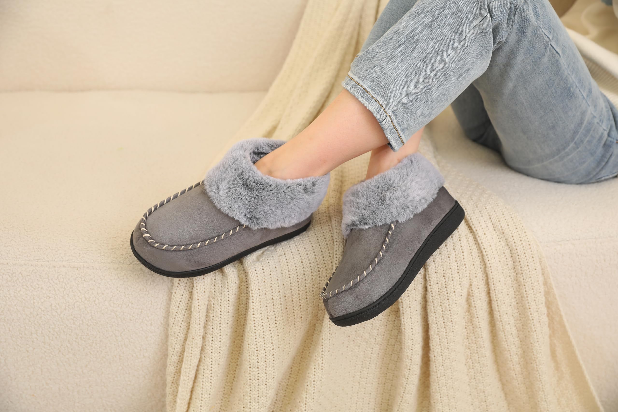 VONMAY Women's Fuzzy Plush Bootie Slippers - Suede Moccasin House Shoes with Memory Foam for Winter Warmth | Non-Slip Indoor/Outdoor Wear for Home, Office & Travel