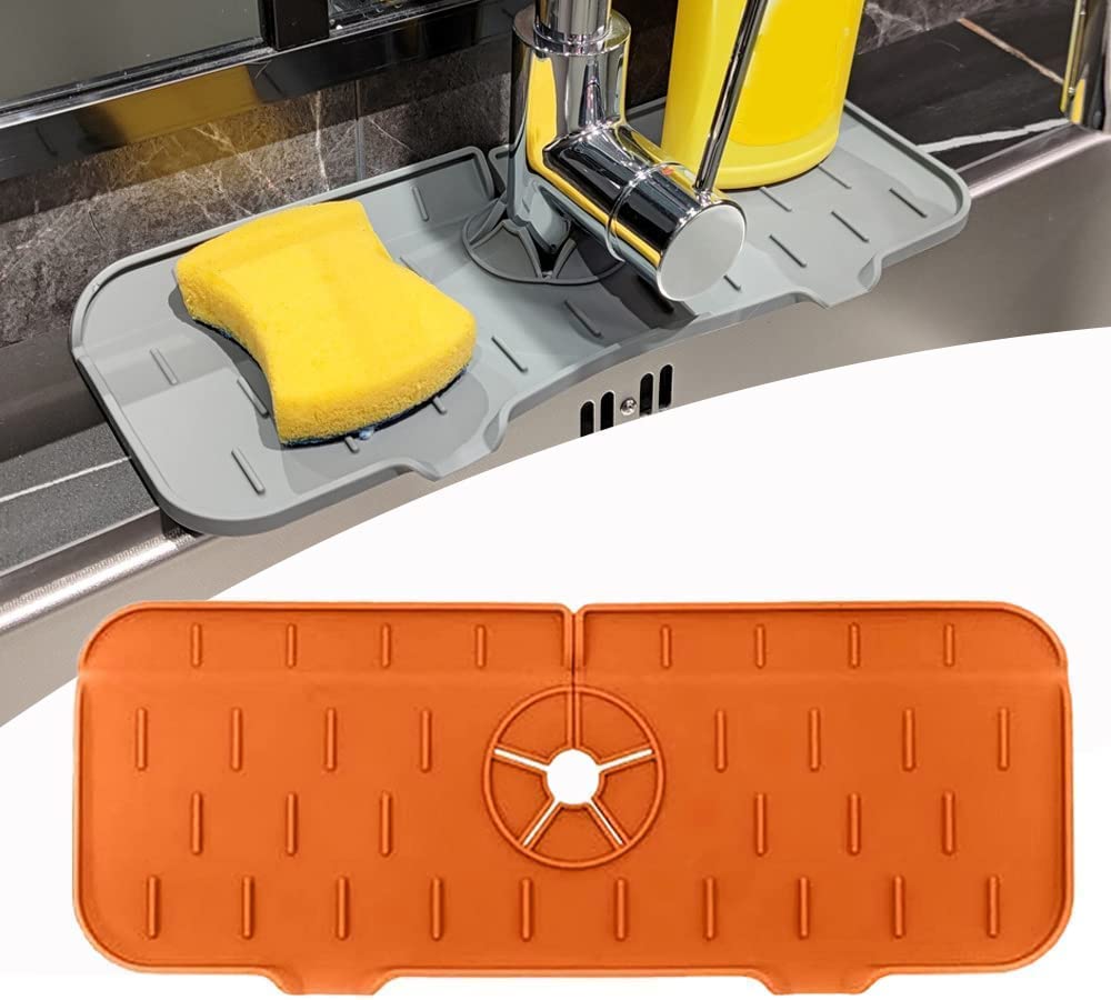 Non-Slip Silicone Sink Splash Guard Mats - Kitchen Sink Protector with Faucet Catcher, Durable & Flexible Splash Guard for Sink (Orange) - Perfect for Washing Dishes, Food Prep & Keeping Countertops Dry