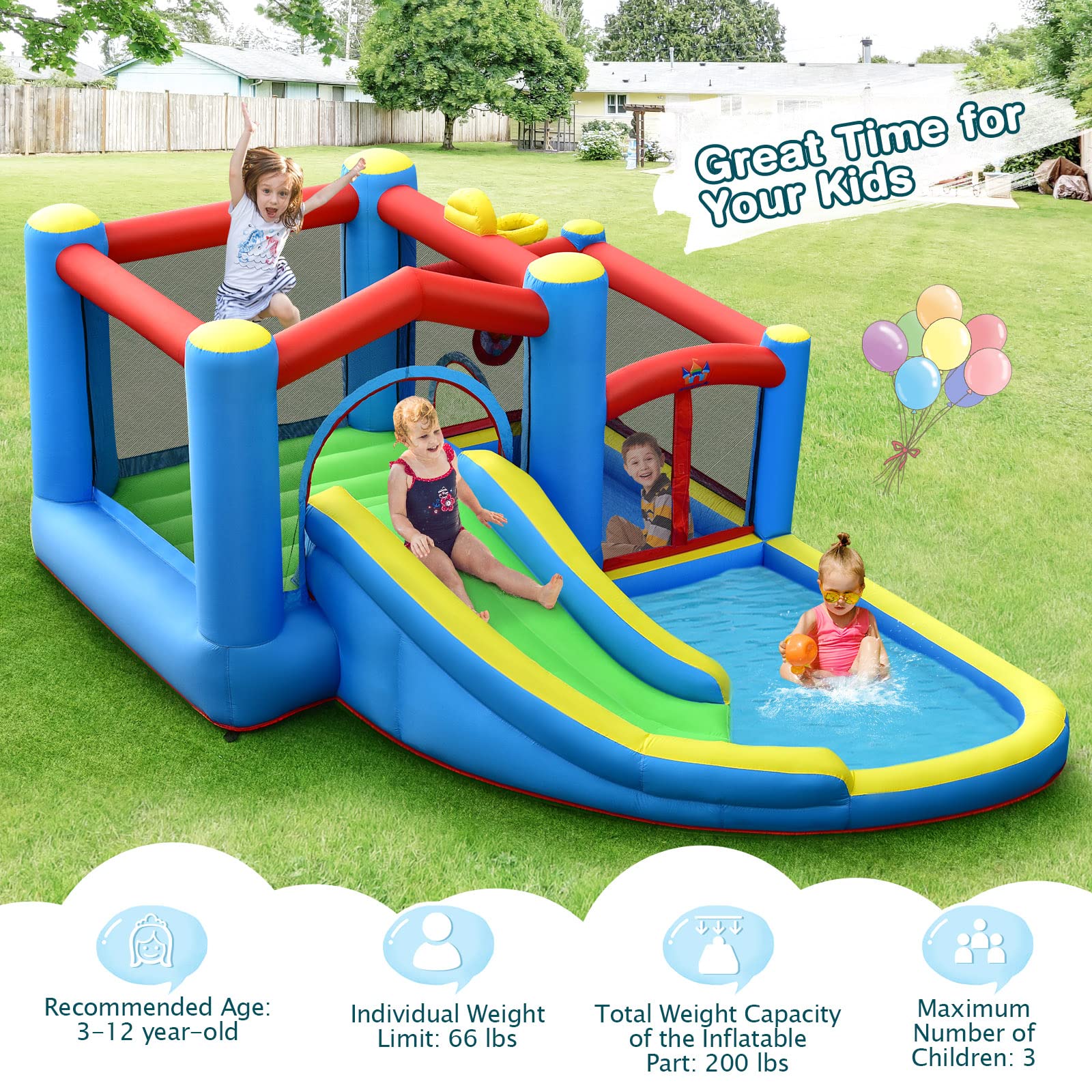 **HONEY JOY 6-in-1 Inflatable Water Slide for Kids & Adults - Giant Blow Up Bouncy Water Park with Target Ball & Climbing Wall - Outdoor Backyard Water Bounce House with 480W Blower - Perfect for Summer Parties, Birthdays & Family Fun**