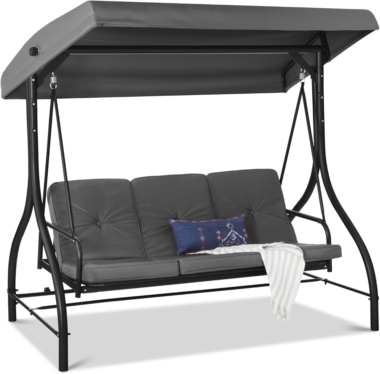 3-Seat Patio Swing Glider Bench with Convertible Canopy & Removable Cushions - Outdoor Hammock Chair for Porch, Garden, Backyard (Gray) - Perfect for Relaxing, Lounging & Enjoying Summer Breezes