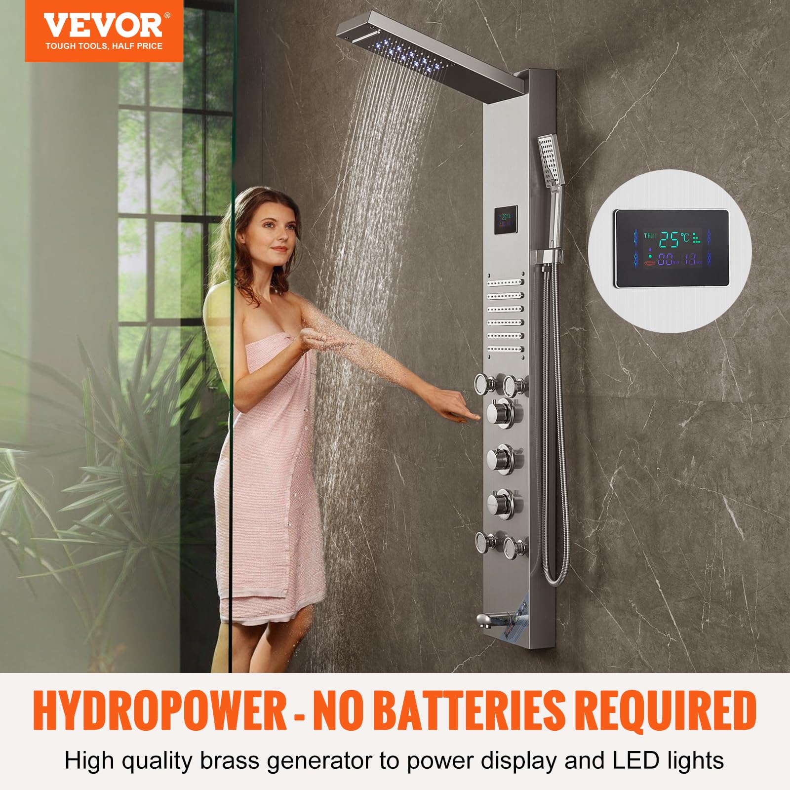 VEVOR Stainless Steel Shower Panel Tower System - 6 Shower Modes (Rainfall, Waterfall, Massage) with LED Screen, Hydroelectric Power, 5 Jets & Handheld Shower - Wall Mounted Bathroom Upgrade for Spa-Like Experience at Home