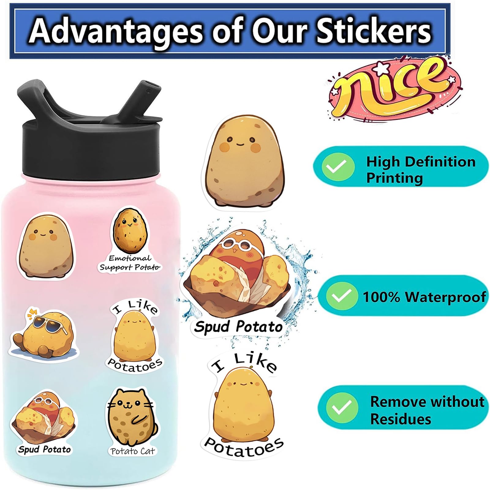 50PCS Funny Potato Stickers for Kids & Adults - Waterproof Vinyl Decals for Laptop, Water Bottle, Phone, Car, Hard Hat - Perfect for School, Office, Travel & DIY Crafts