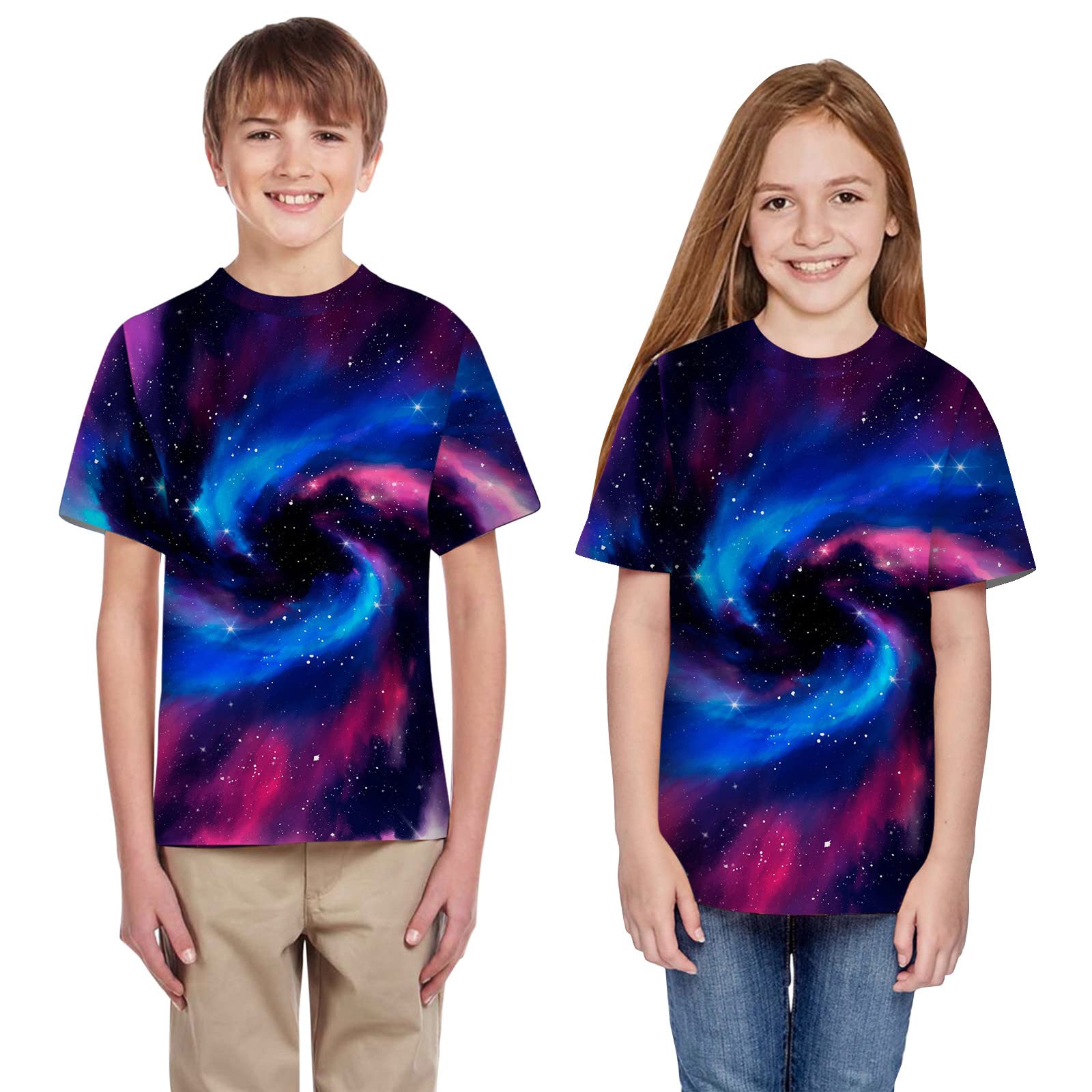 FIN86 Boys Girls Short Sleeve T-Shirt - Galaxy Print Kids & Teen Tops - Soft Cotton Casual Shirts for School, Play & Everyday Wear