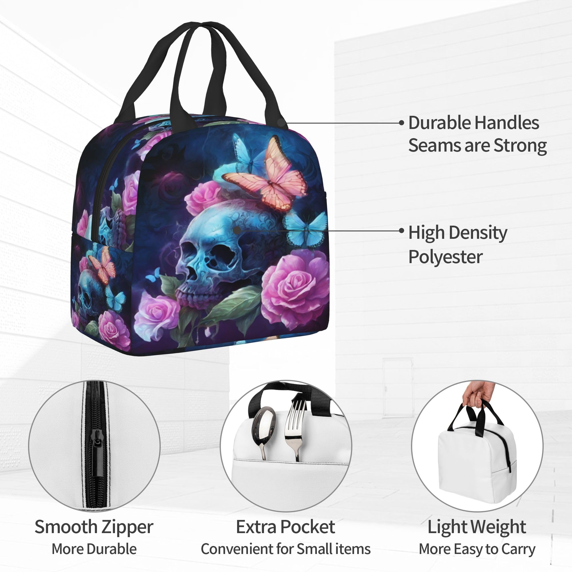 Skull Butterfly Insulated Lunch Box - Reusable Thermal Lunch Bag for Women & Men, Perfect for Office, Camping, Hiking, Picnic, Beach & Travel | Great for Work, School, Outdoor Adventures & Daily Commute
