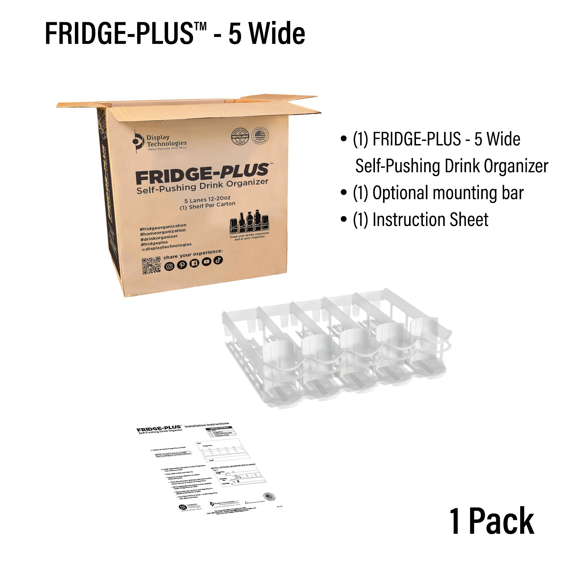 Fridge-Plus Refrigerator Drink Organizer - Soda Can Dispenser & Storage Rack for Beer, Cans, Bottles | Space-Saving Bar Fridge Organizer for Kitchen, Pantry, Office (Pack of 1)